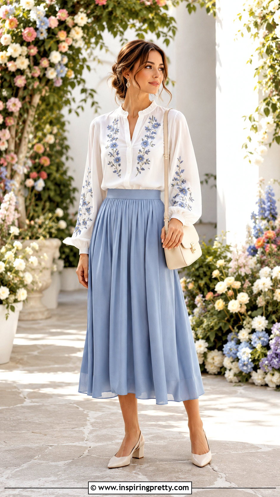 White Embroidered Floral Top With Midi Skirt - 20 White Top With Embroidered Flowers