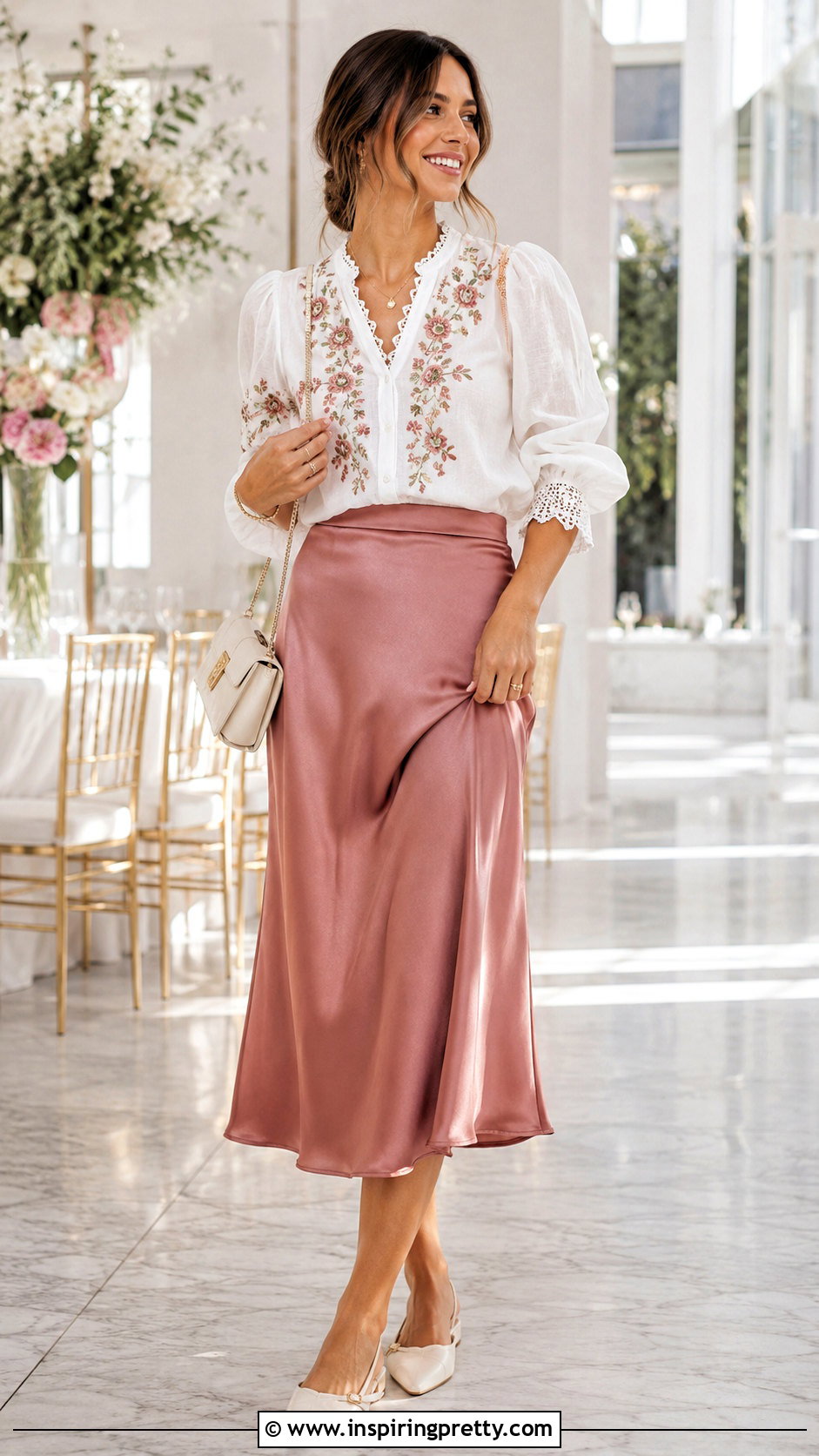 White Embroidered Floral Top With Satin Skirt - 20 White Top With Embroidered Flowers