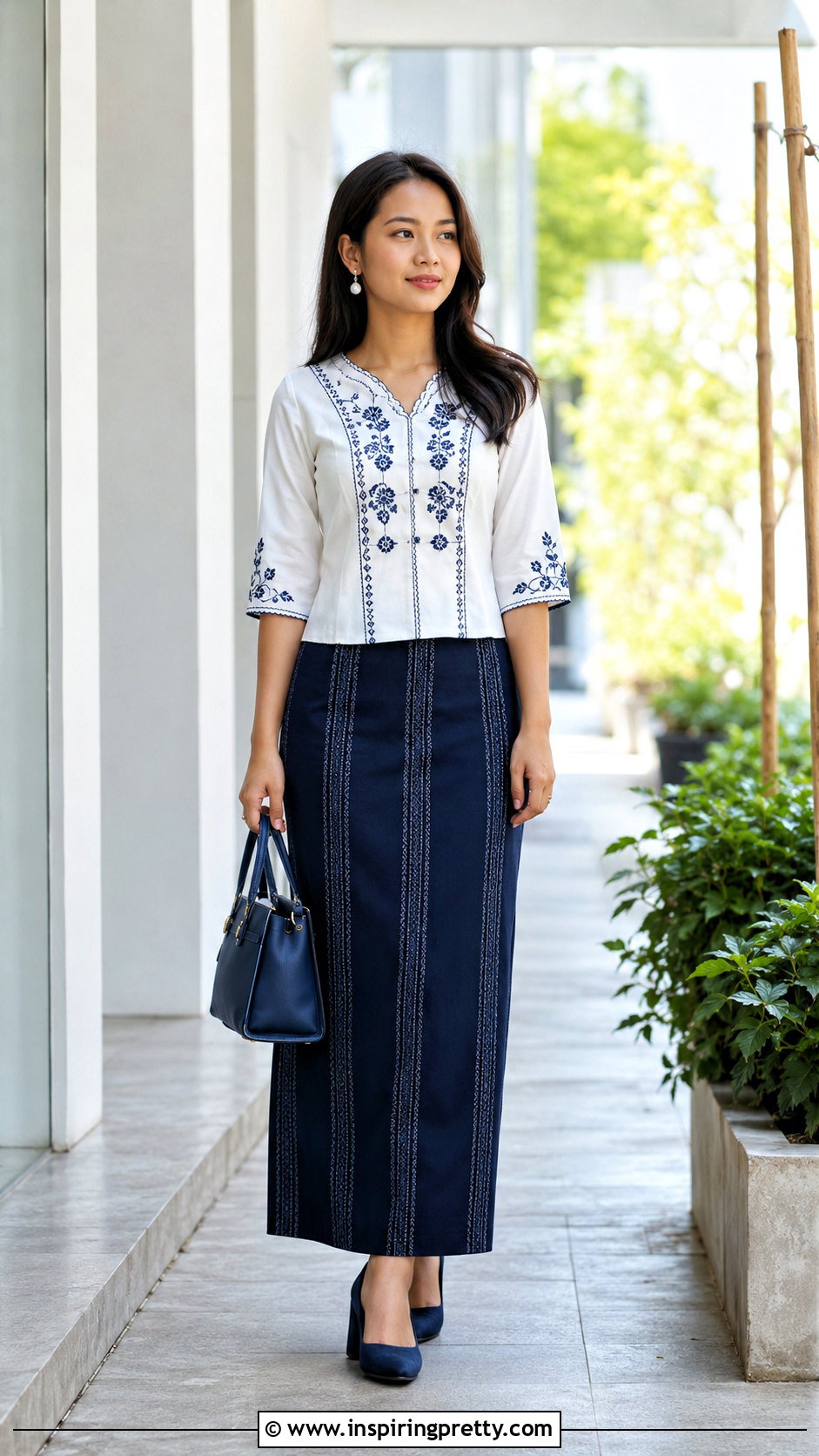White Embroidered Mizo Sunday Top With Navy Puan - 50 Mizo Sunday Tops outfit ideas