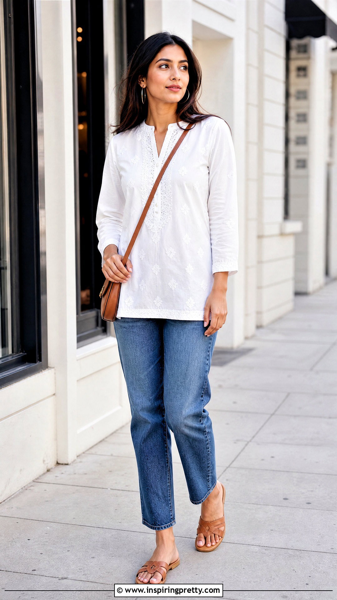 White Embroidered Short Kurtha Top With Blue Jeans - 20 Short Kurtha Tops For Women