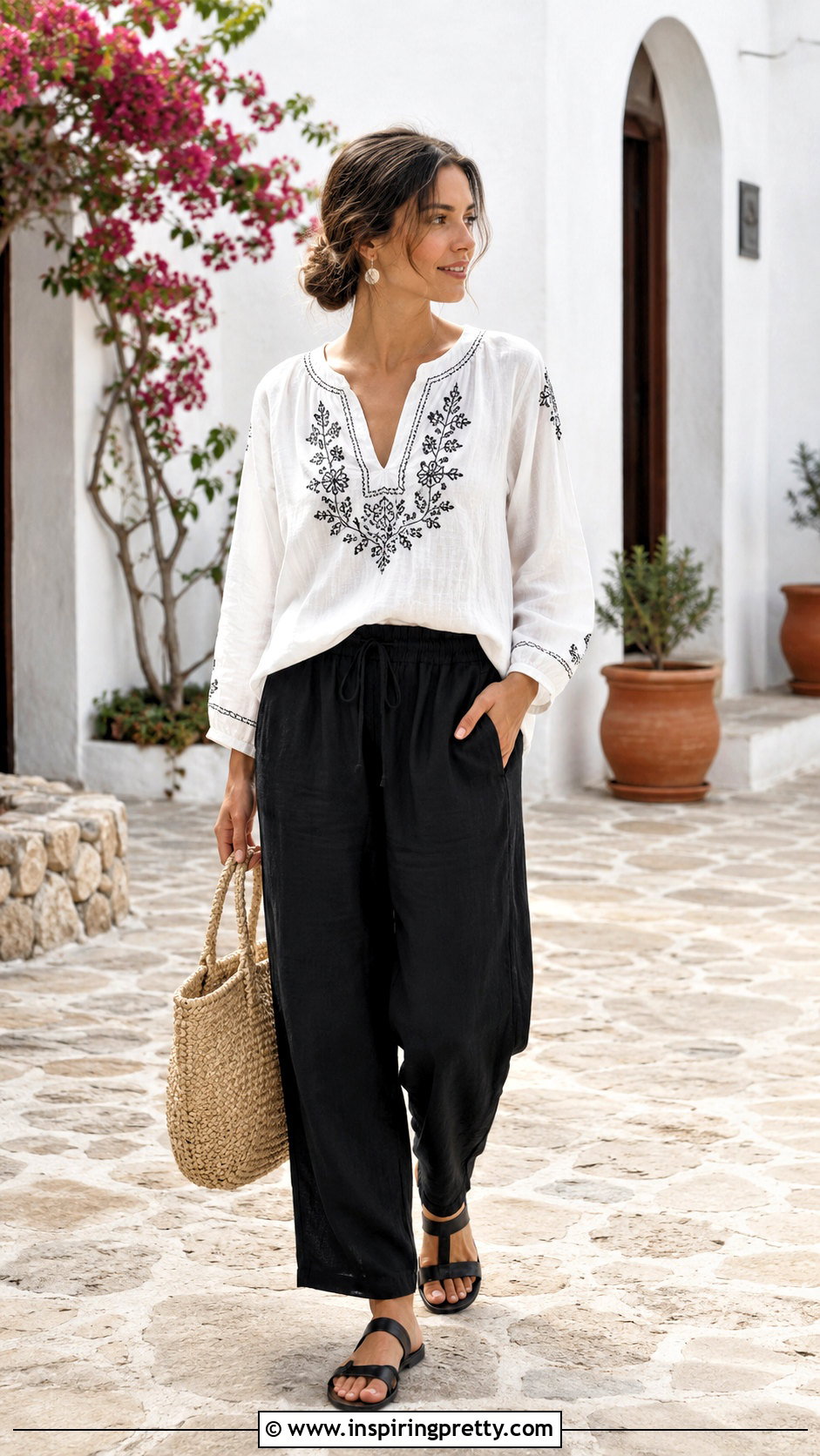 White Embroidered Top With Black Linen Pants - 50 black and white top outfit ideas