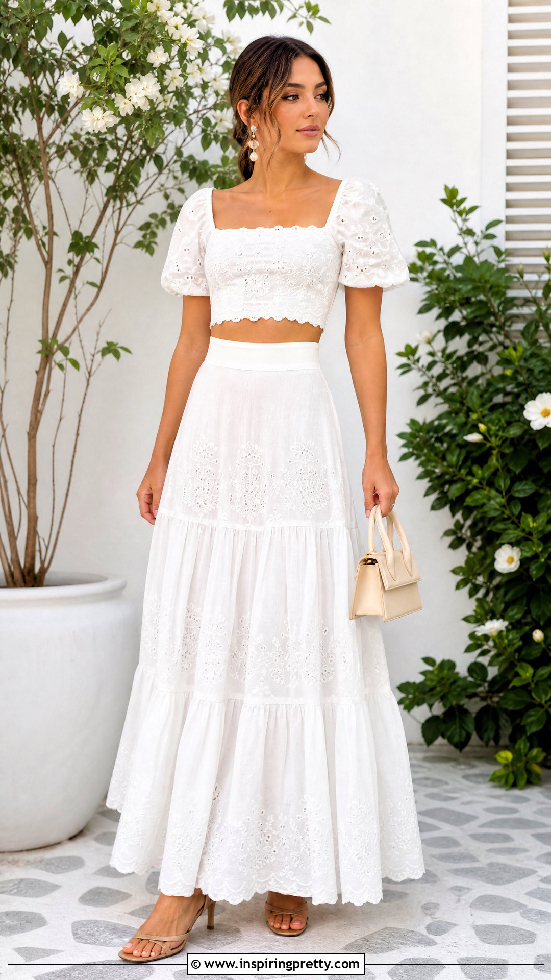 White Embroidery Crop Top With Matching Skirt - 20 embroidery crop top designs