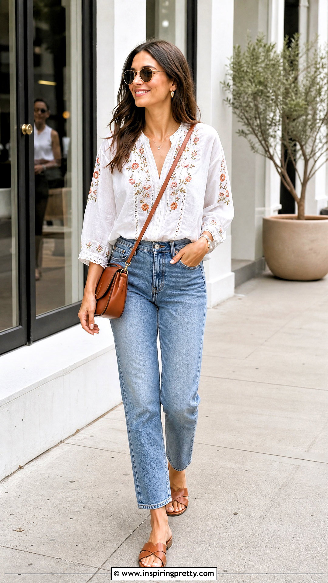White Embroidery Top With Straight Leg Jeans - 50 embroidery top outfit ideas