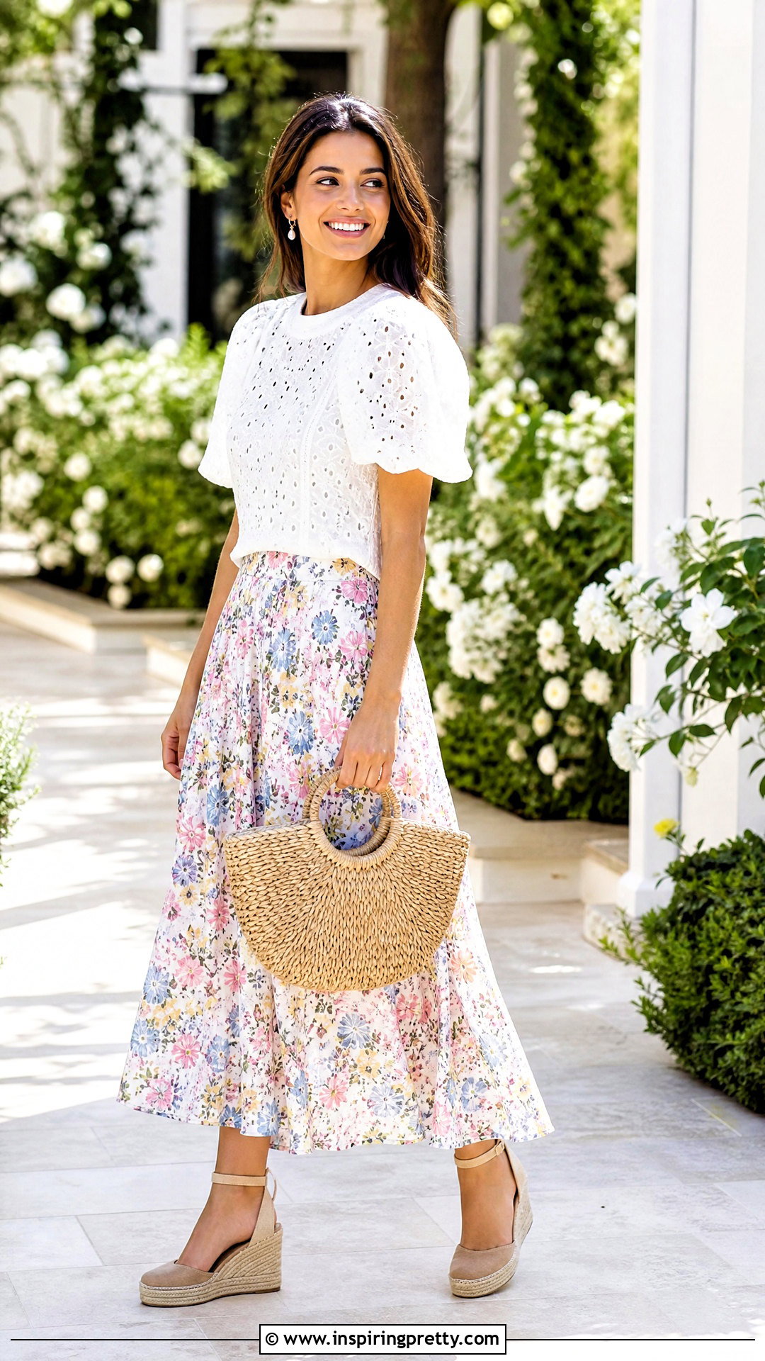 White Eyelet Blouse With a Midi Skirt and Espadrilles - 50 cute white tops outfit ideas