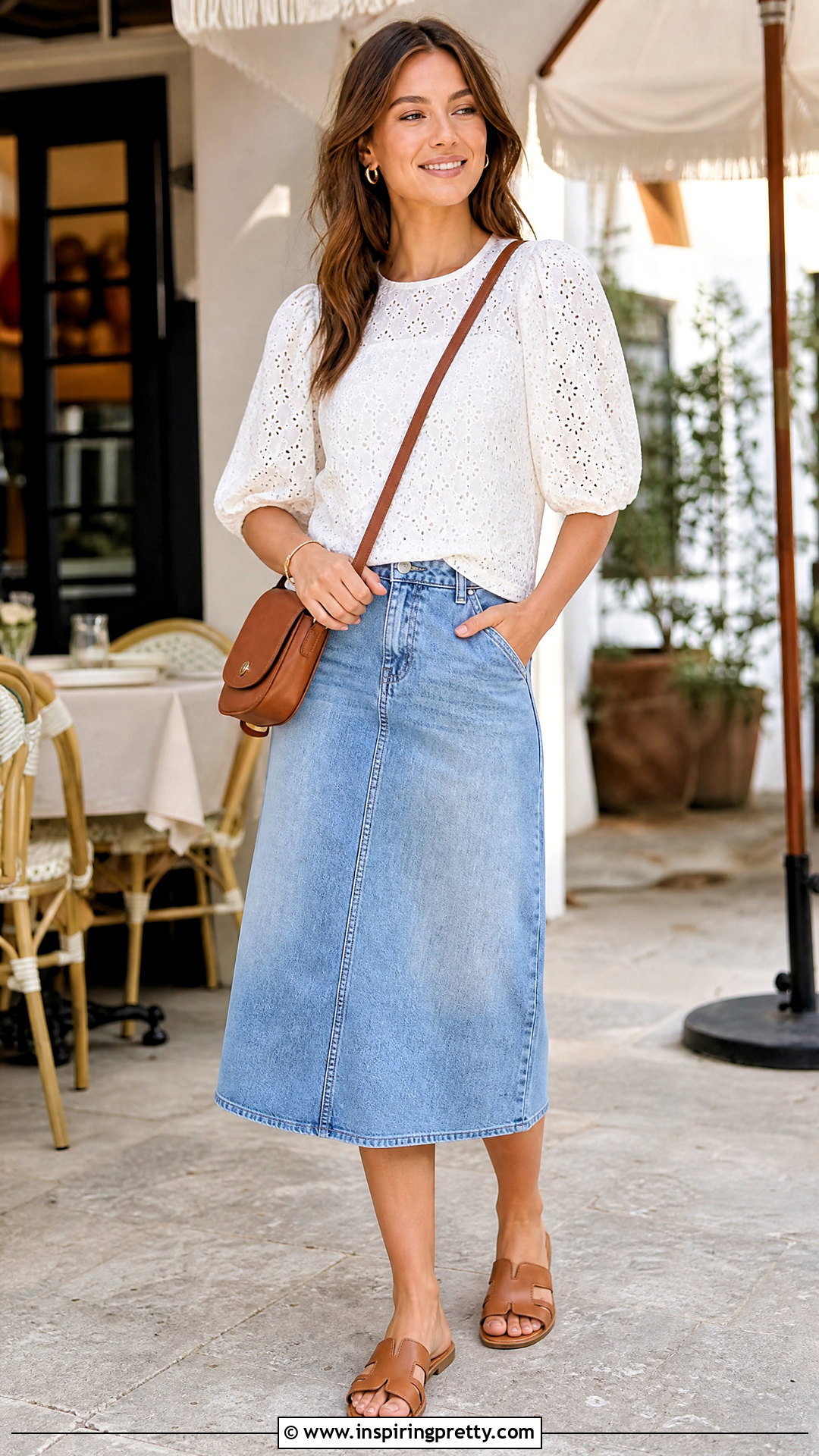 White Eyelet Top With Denim Midi Skirt - 50 modest summer tops outfit ideas