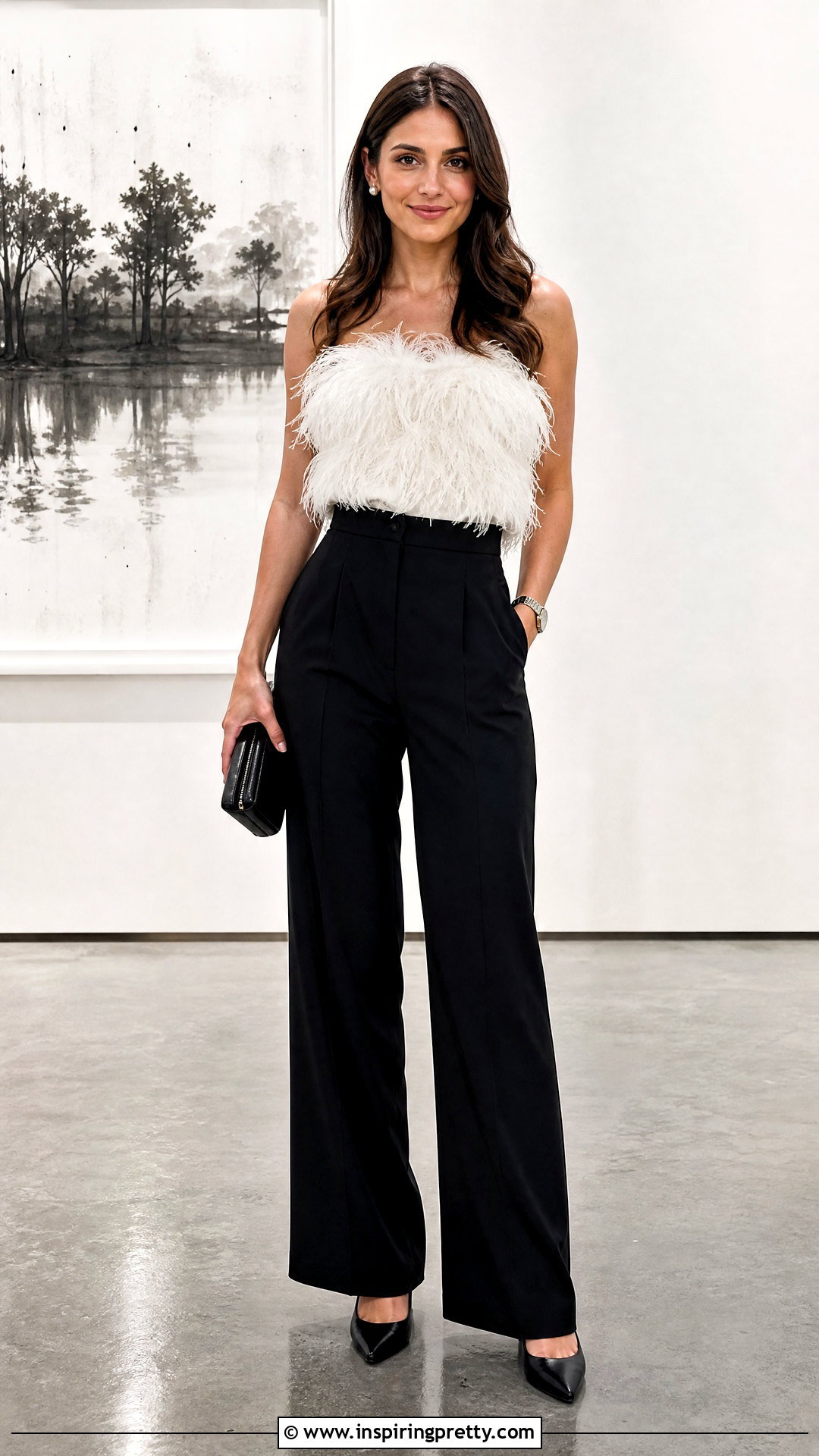 White Feathery Top With Black Trousers - 25 Feathery Top Outfit ideas
