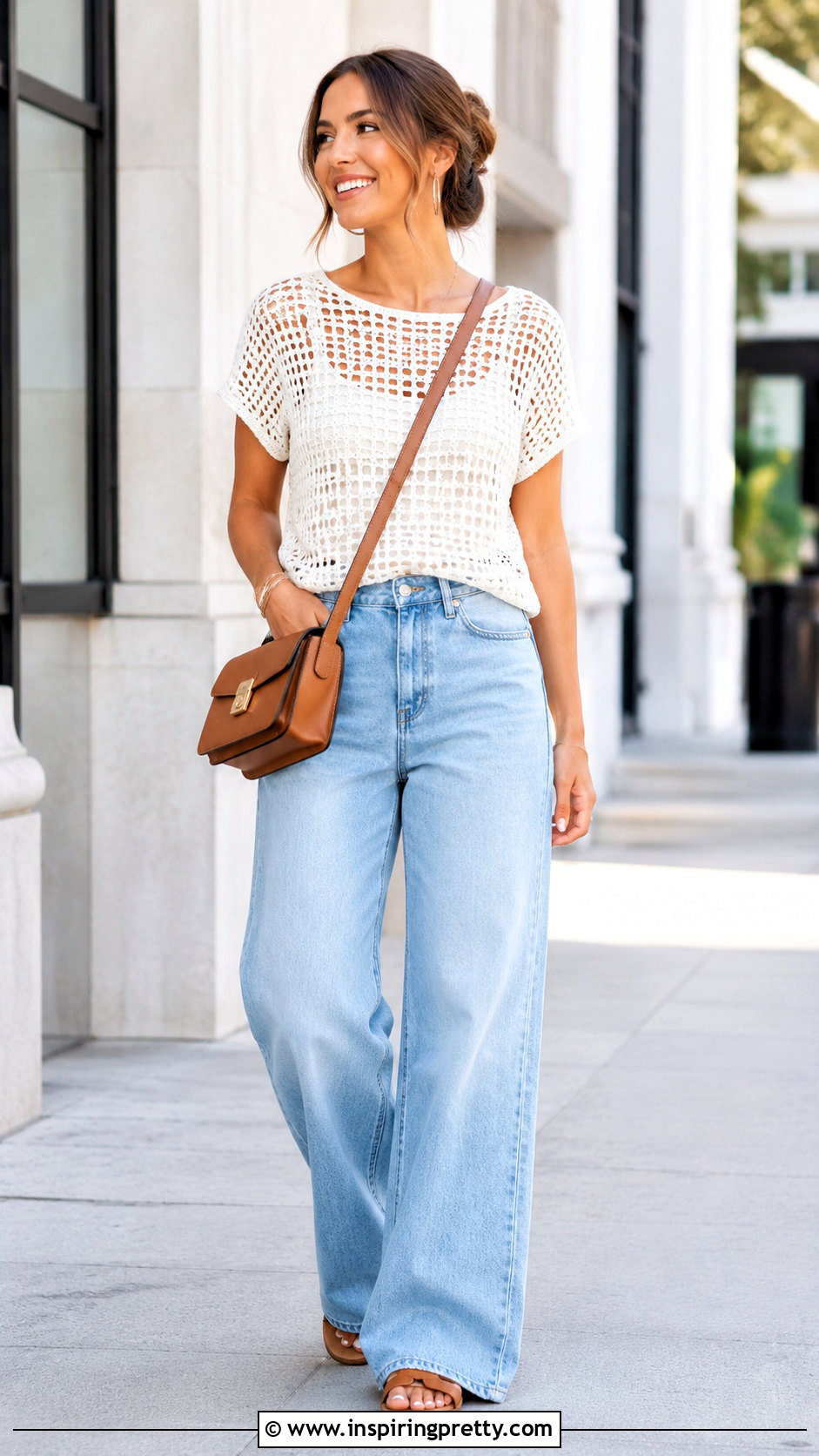 White Filet Crochet Top With Wide Leg Jeans - 50 filet crochet top outfit ideas