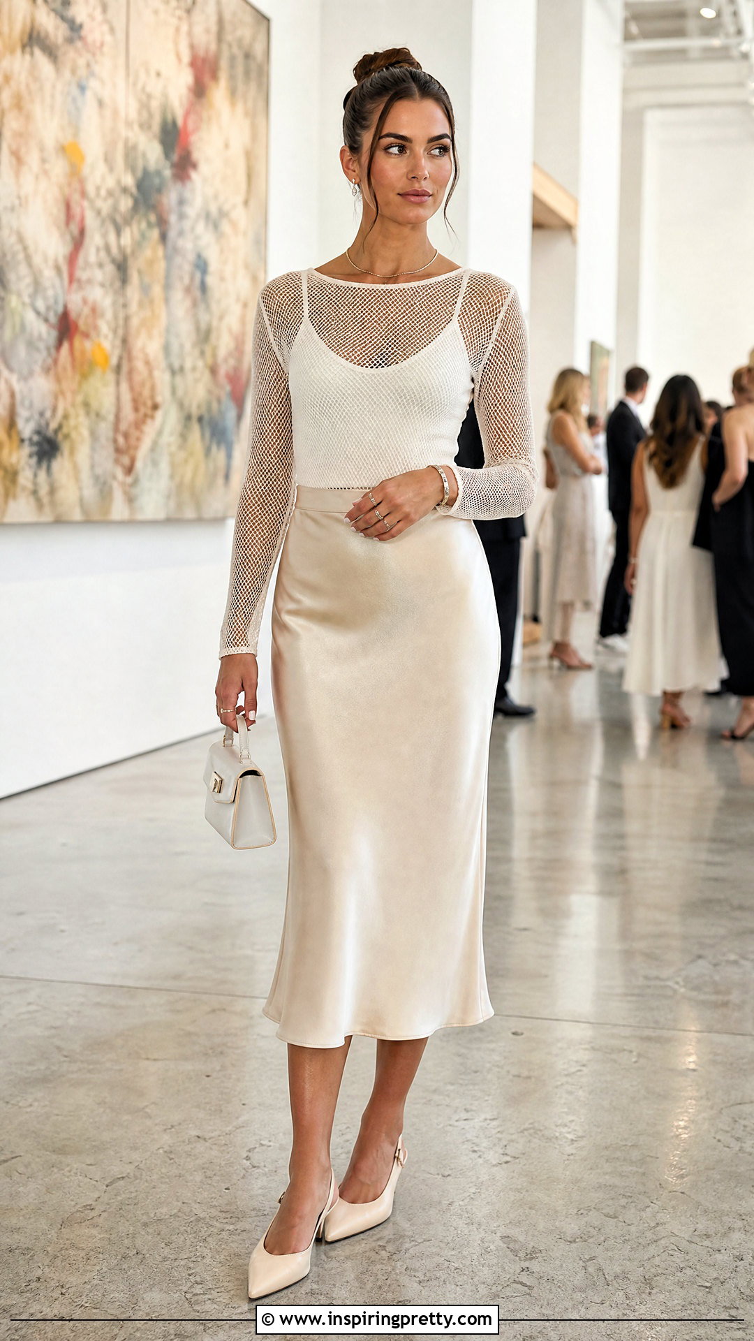 White Fishnet Sleeve Top With Satin Midi Skirt - 20 Fishnet Sleeves Tops