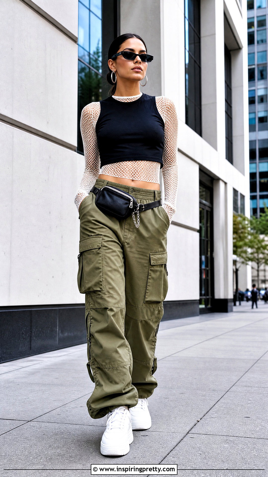 White Fishnet Under Black Crop Top With Cargo Pants - 25 Fishnet Under Crop Top outfit ideas