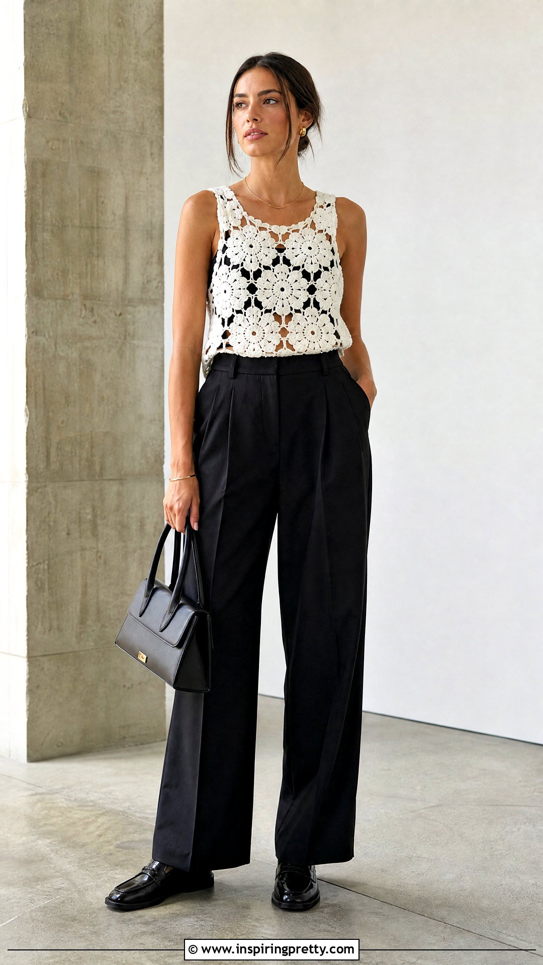 White Floral Crochet Top With Black Tailored Trousers - 20 white crochet top with flowers