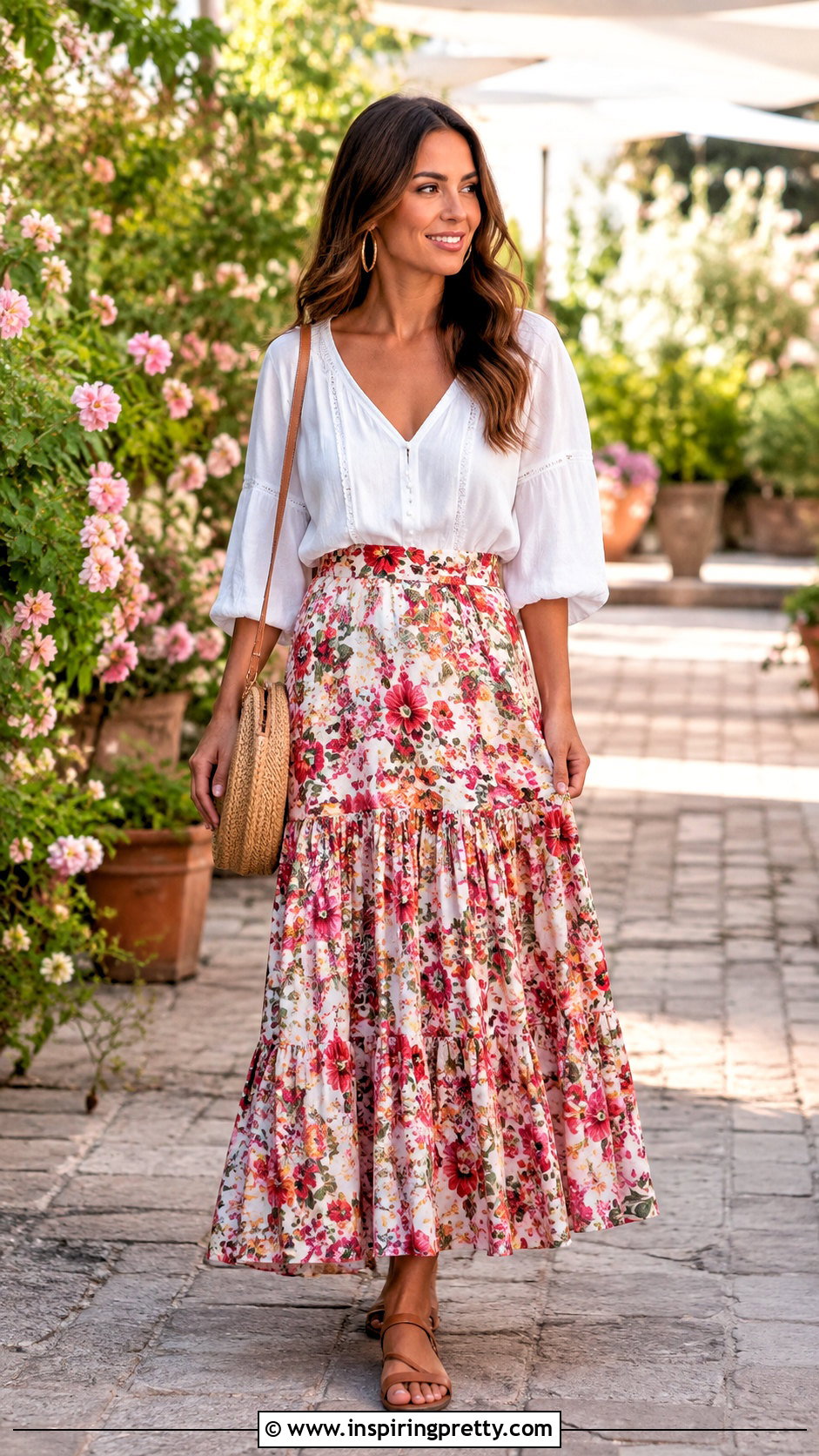 White Flowy Top With Floral Maxi Skirt - 50 white flowy top outfit ideas