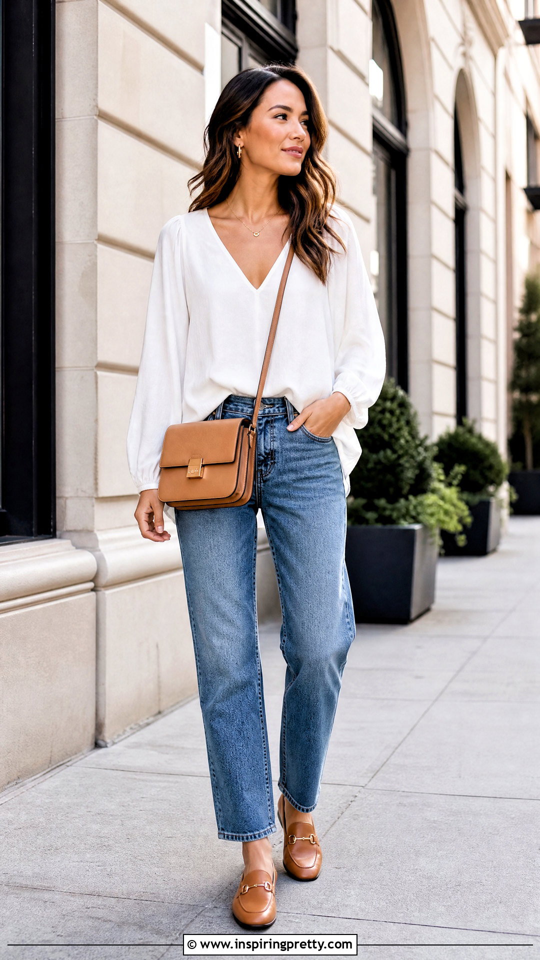 White Flowy Top With Straight Leg Jeans - 50 flowy top outfit ideas