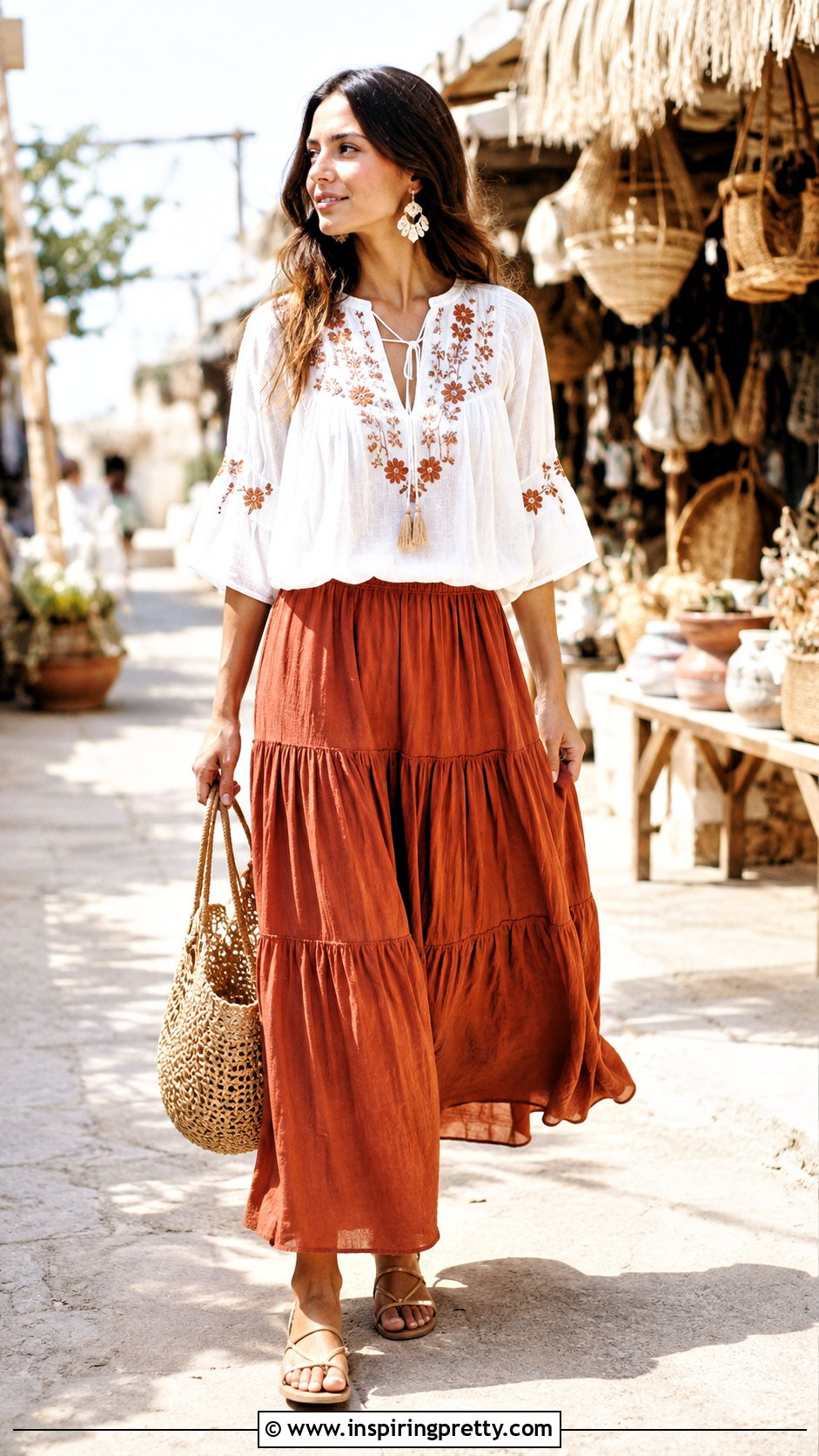 White Flowy Top With Tiered Maxi Skirt - 50 white flowy top outfit ideas