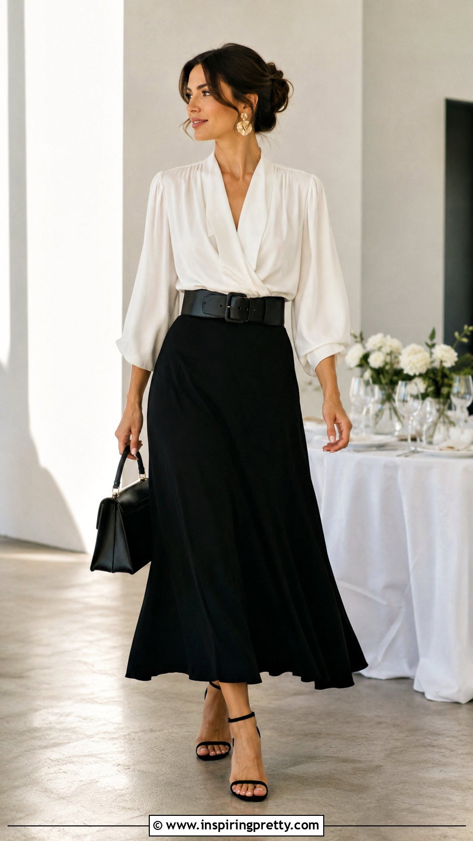 White Flowy Top With Wool Pants And Long Coat - 50 white flowy top outfit ideas