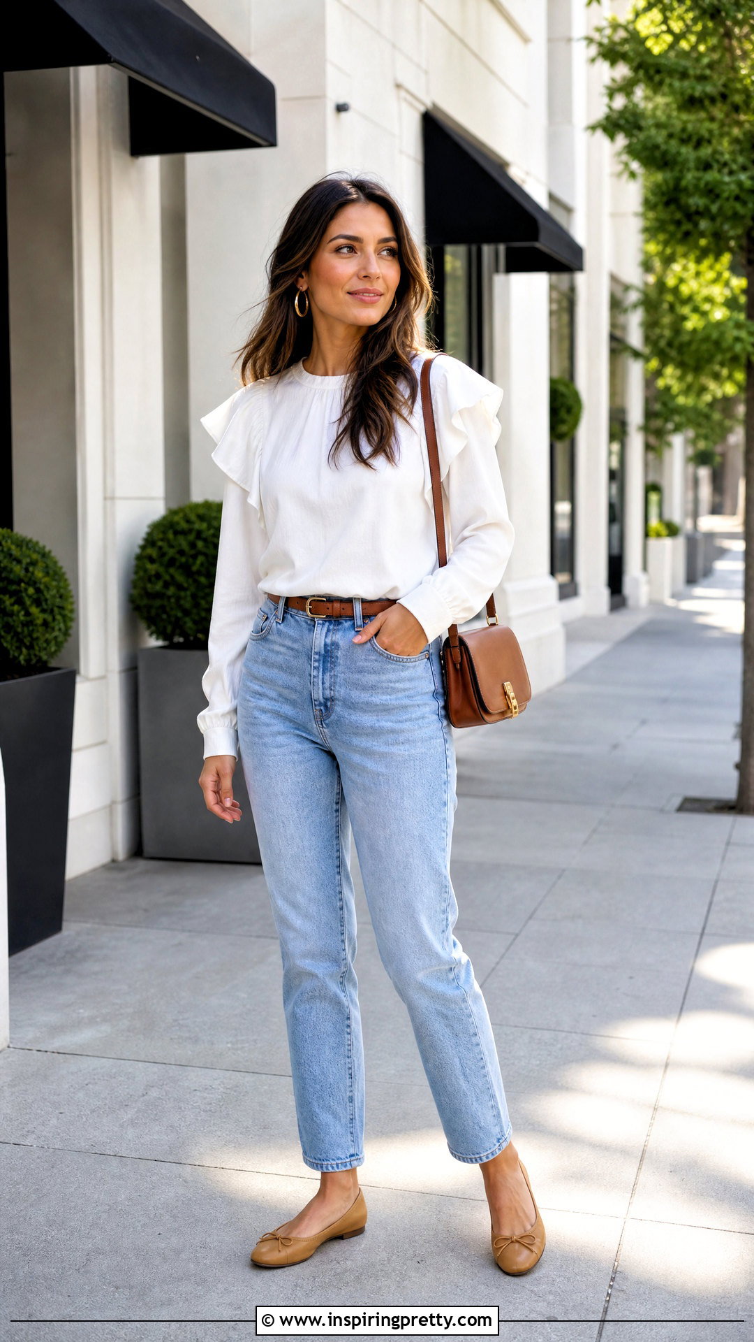 White Flutter Long Sleeve Top With Straight Leg Jeans - 20 flutter long sleeve top outfit ideas