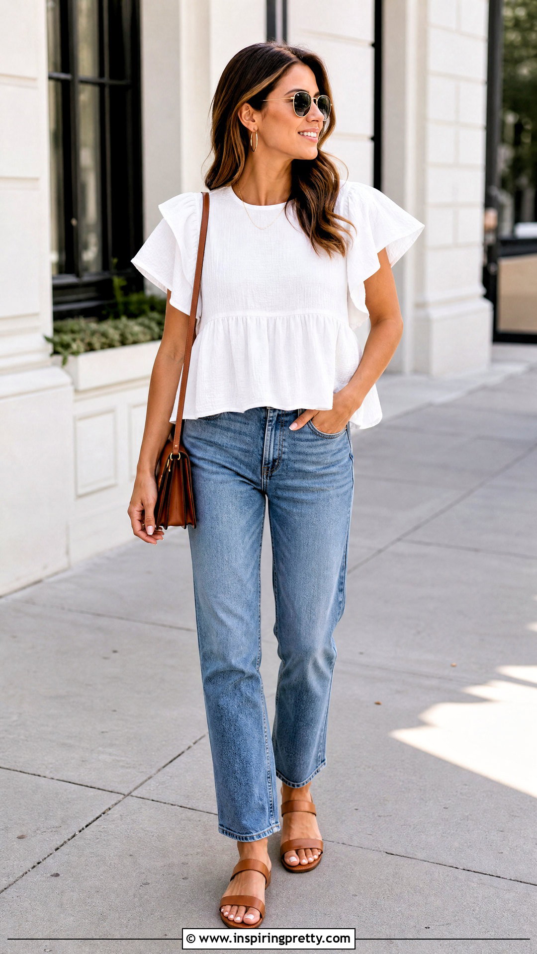 White Flutter Sleeve Babydoll Top With Straight Leg Jeans - 25 easy flutter sleeve babydoll top outfit ideas