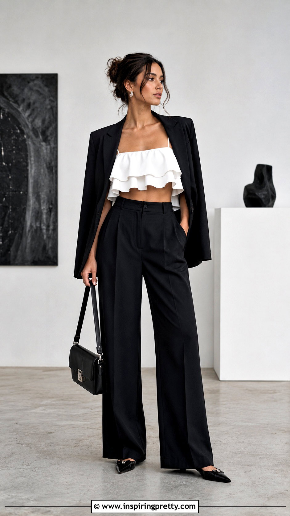White Frill Crop Top With Black Trousers - 20 white frill crop top outfit ideas