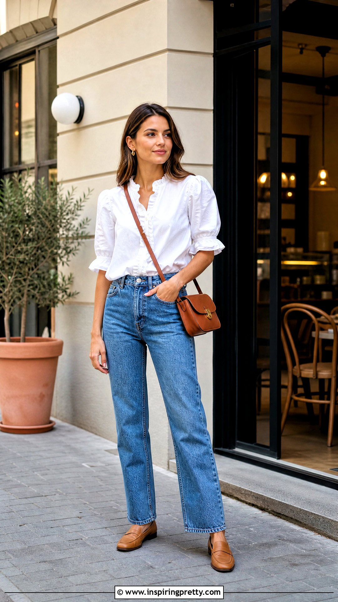 White Frill Top With Straight Leg Jeans - 50 frill top outfit ideas