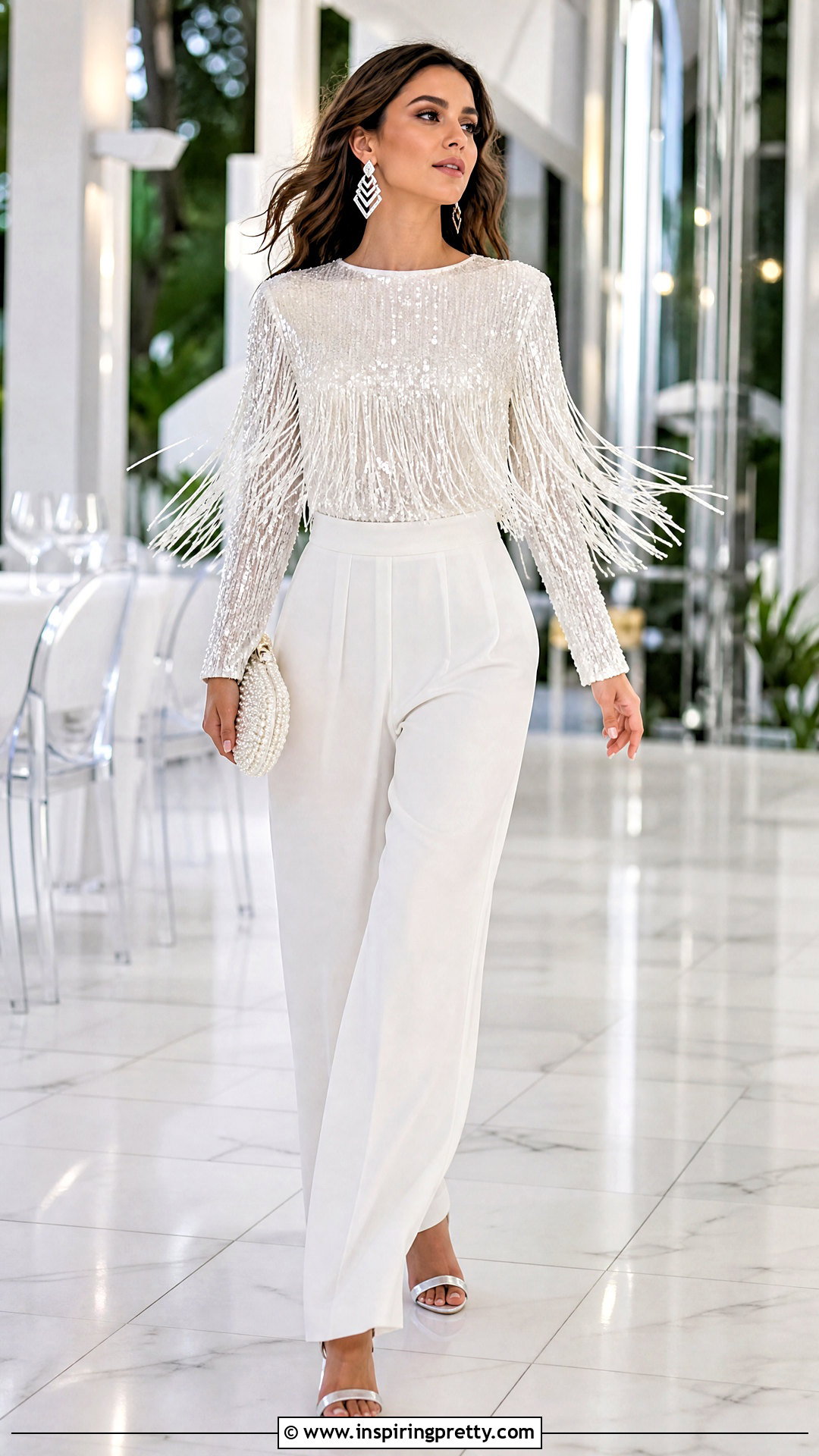 White Fringe Sequin Top With White Trousers - 20 white sequin tops for women