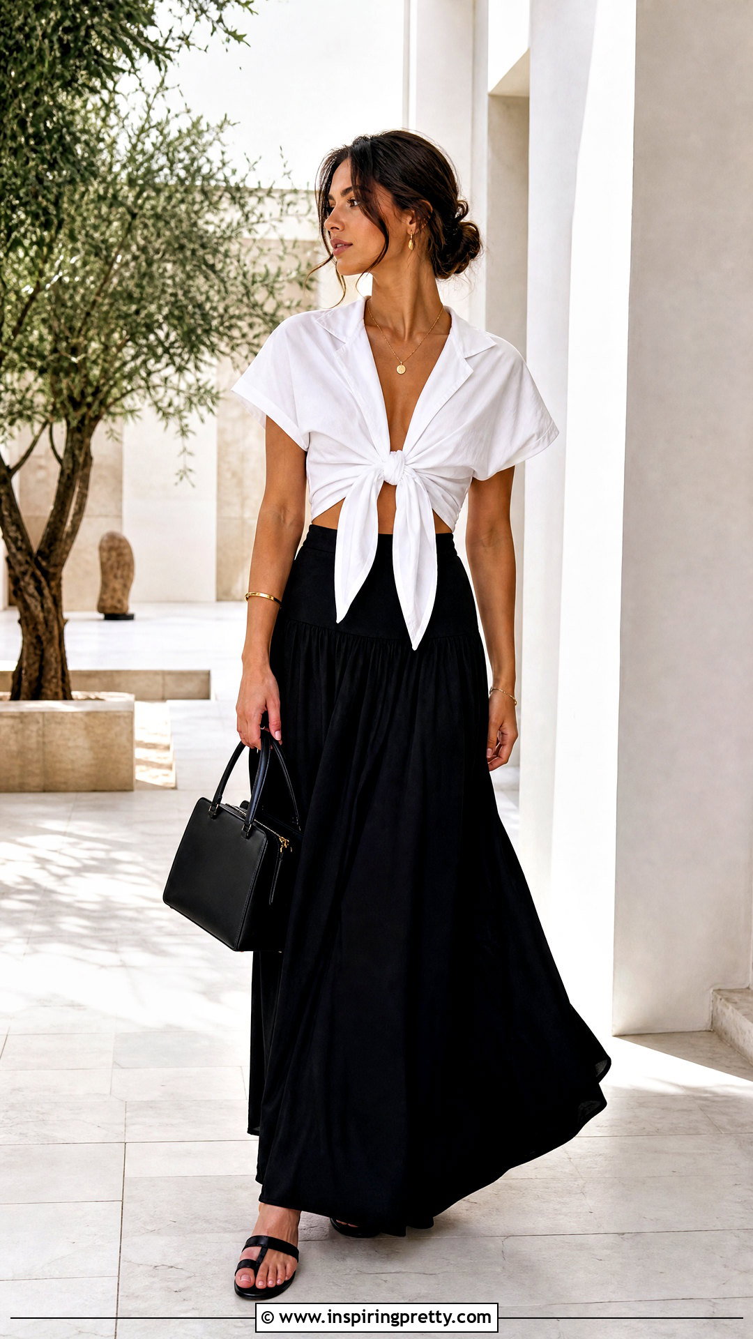White Front Tie Top With Black Maxi Skirt - 50 front tie top outfit ideas