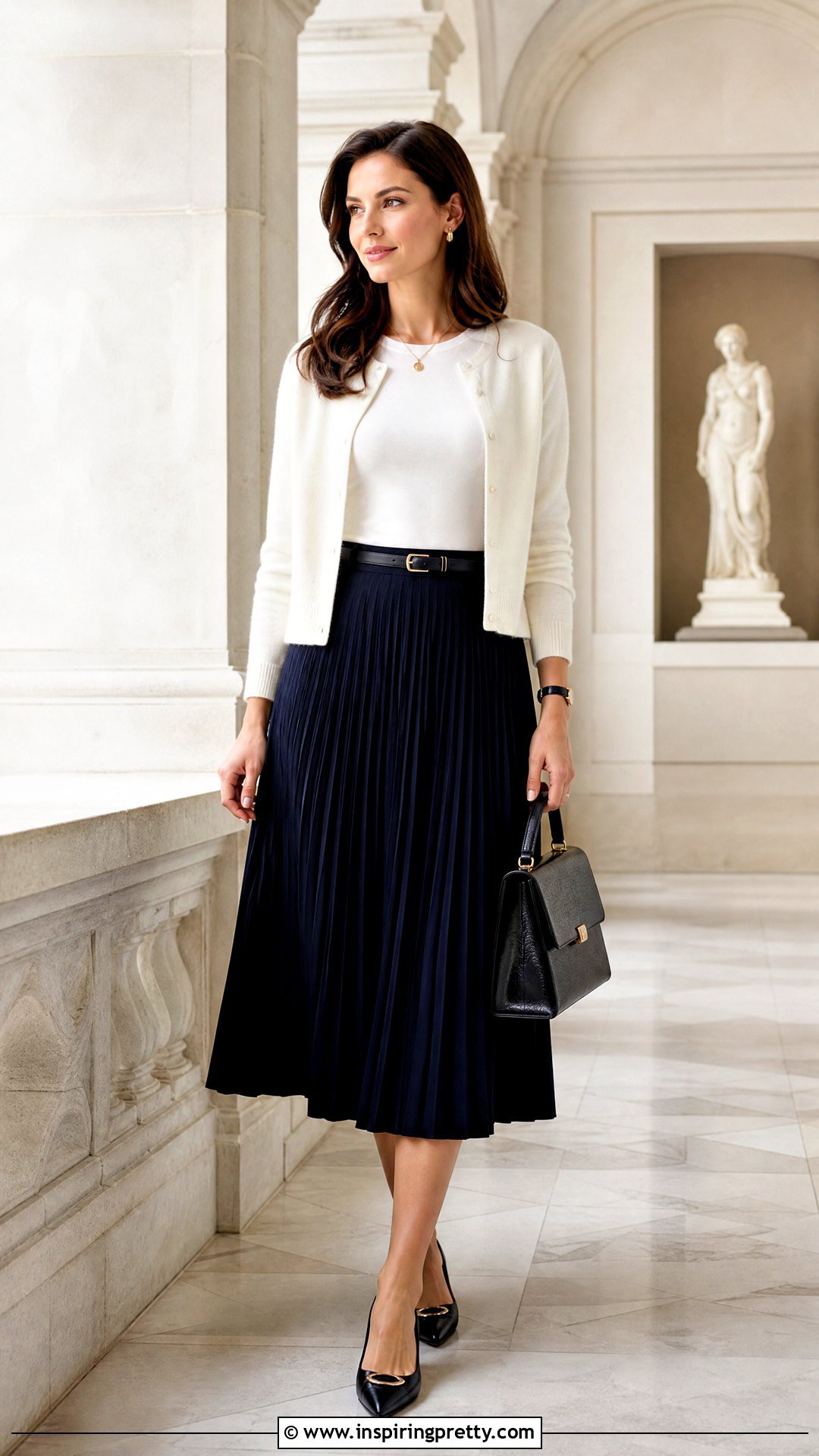 White Full Sleeve Top With Pleated Midi Skirt - 50 white full sleeve top outfit ideas