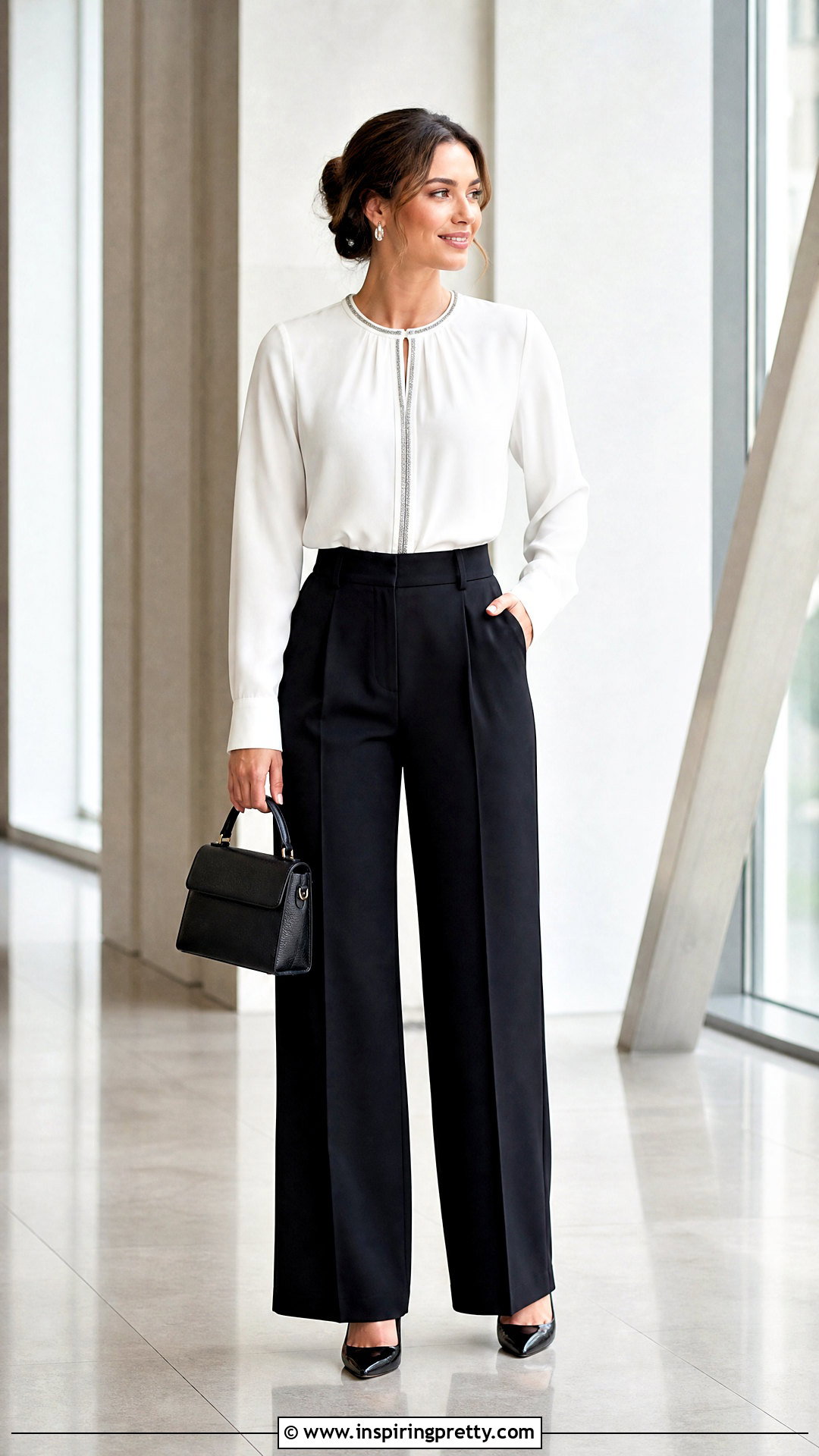 White Glitter Trim Top With Black Trousers - 20 glitter trim fashion top outfit ideas