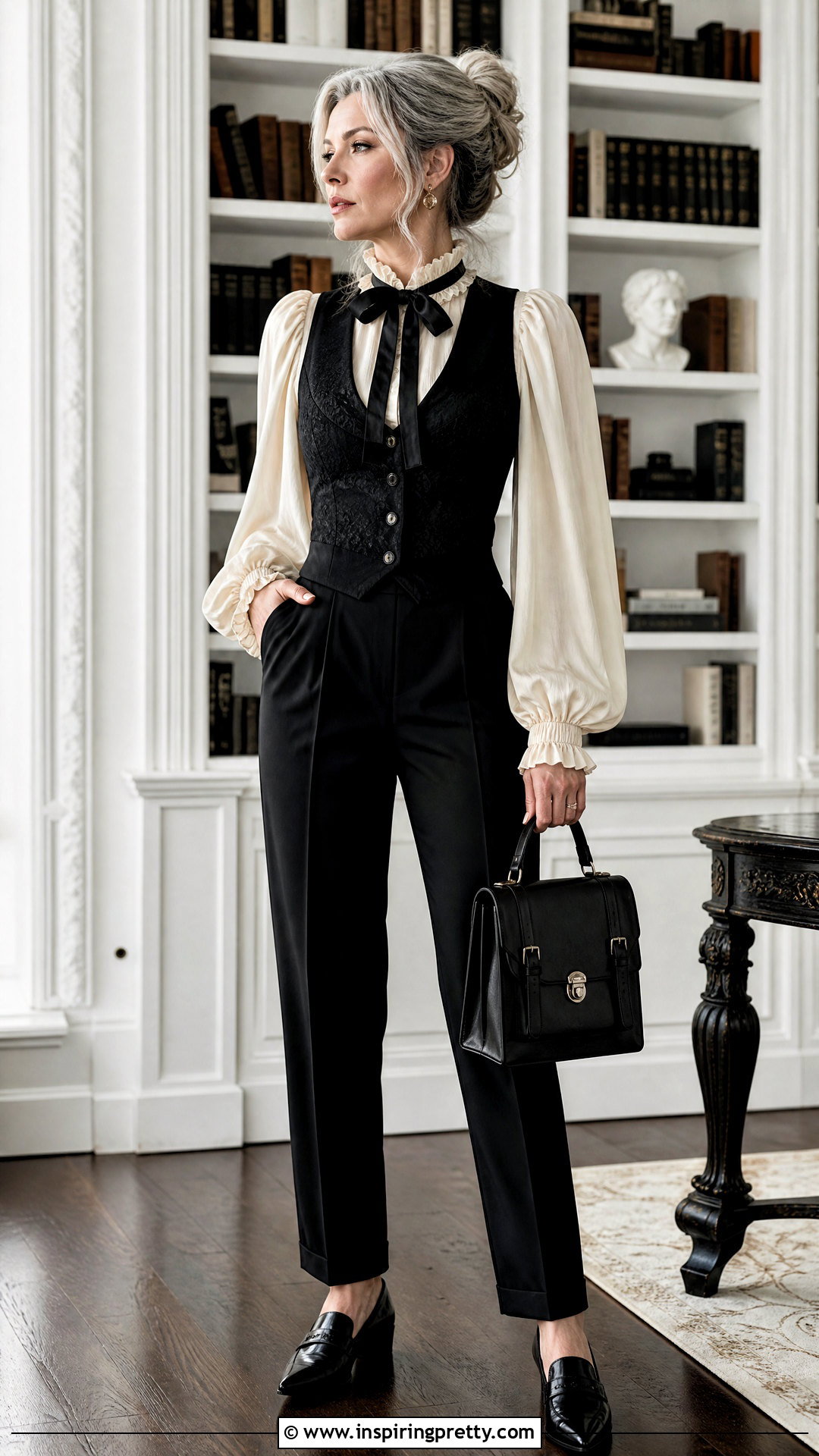 White Gothic Blouse With Black Trousers - 50 gothic tops outfit ideas