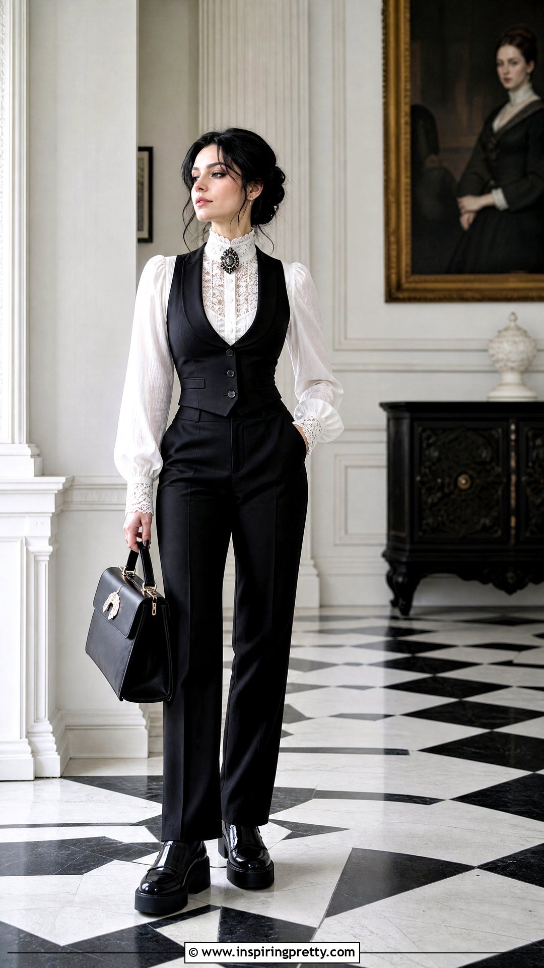 White Gothic Blouse With Black Trousers - 50 goth tops outfit ideas