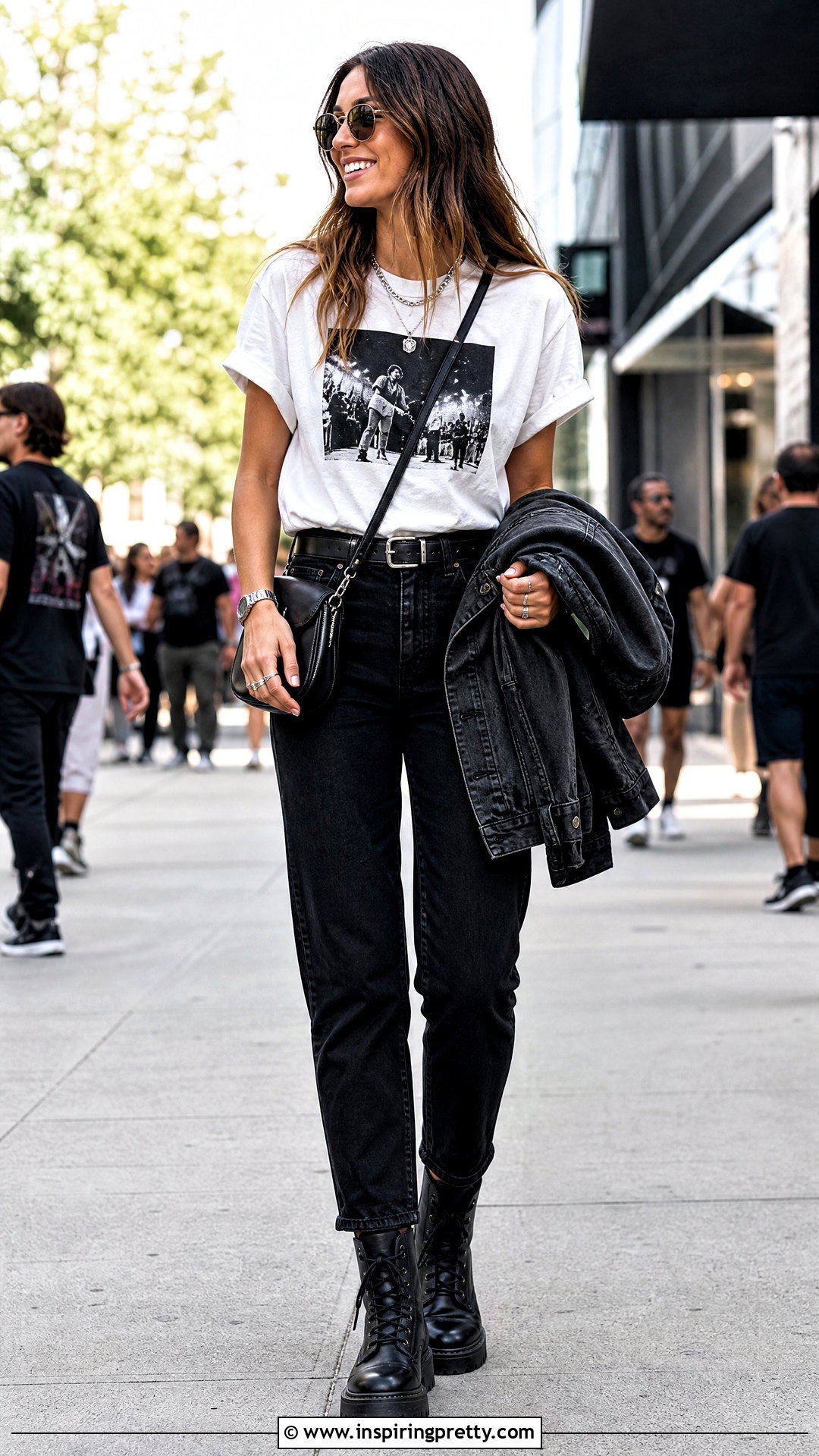 White Graphic T Shirt With Black Jeans and Combat Boots - 50 cute white tops outfit ideas