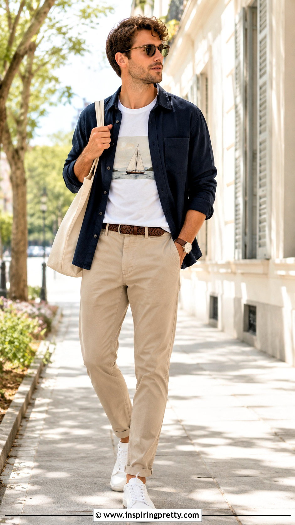 White Graphic Tee With Beige Chinos Outfit - 25 graphic tops men