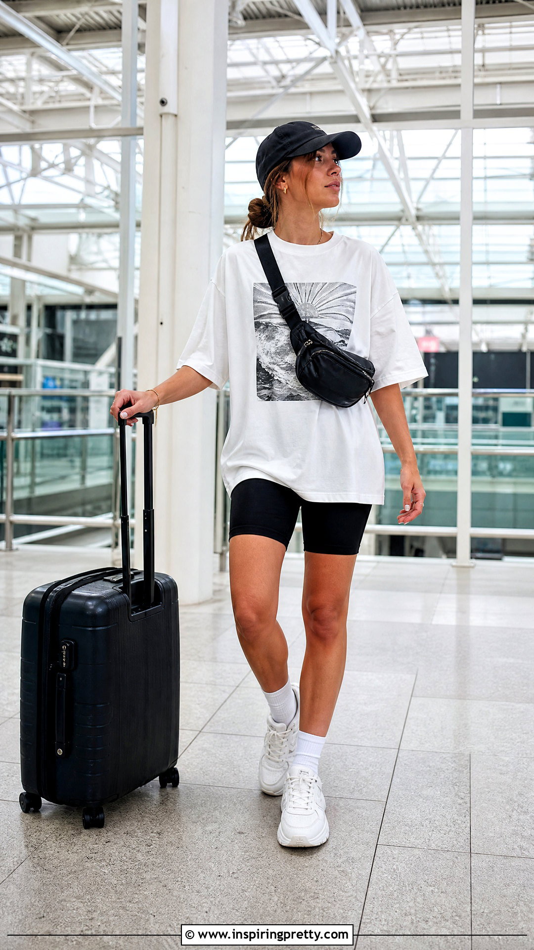 White Graphic Tee With Black Biker Shorts - 50 white top black bottom outfit ideas