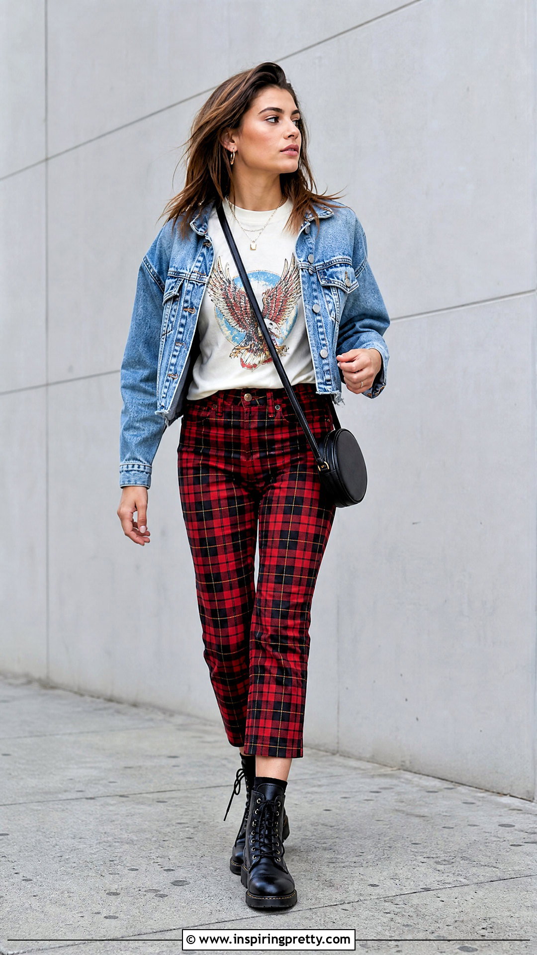 White Graphic Tee With Plaid Pants And Combat Boots - What Top To Wear With Plaid Pants (20 Ways)