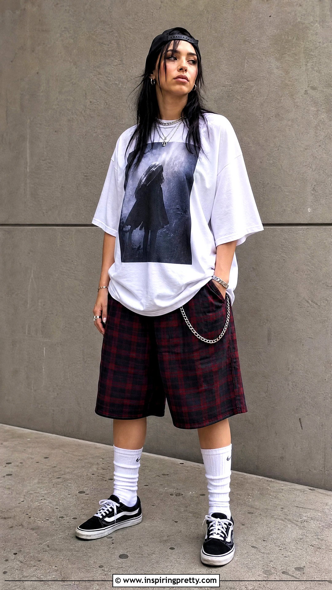 White Graphic Tee With Plaid Shorts - 25 Billie Eilish White Top outfit ideas