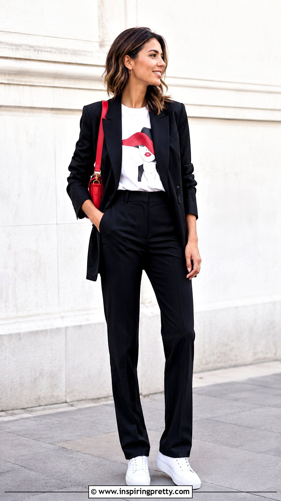 White Graphic Top With Black Pants - 50 white top fits