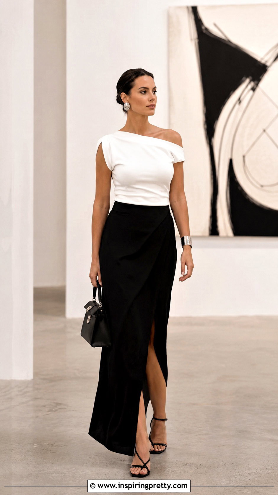 White Half Shoulder Top With Black Maxi Skirt - 50 half shoulder top outfit ideas
