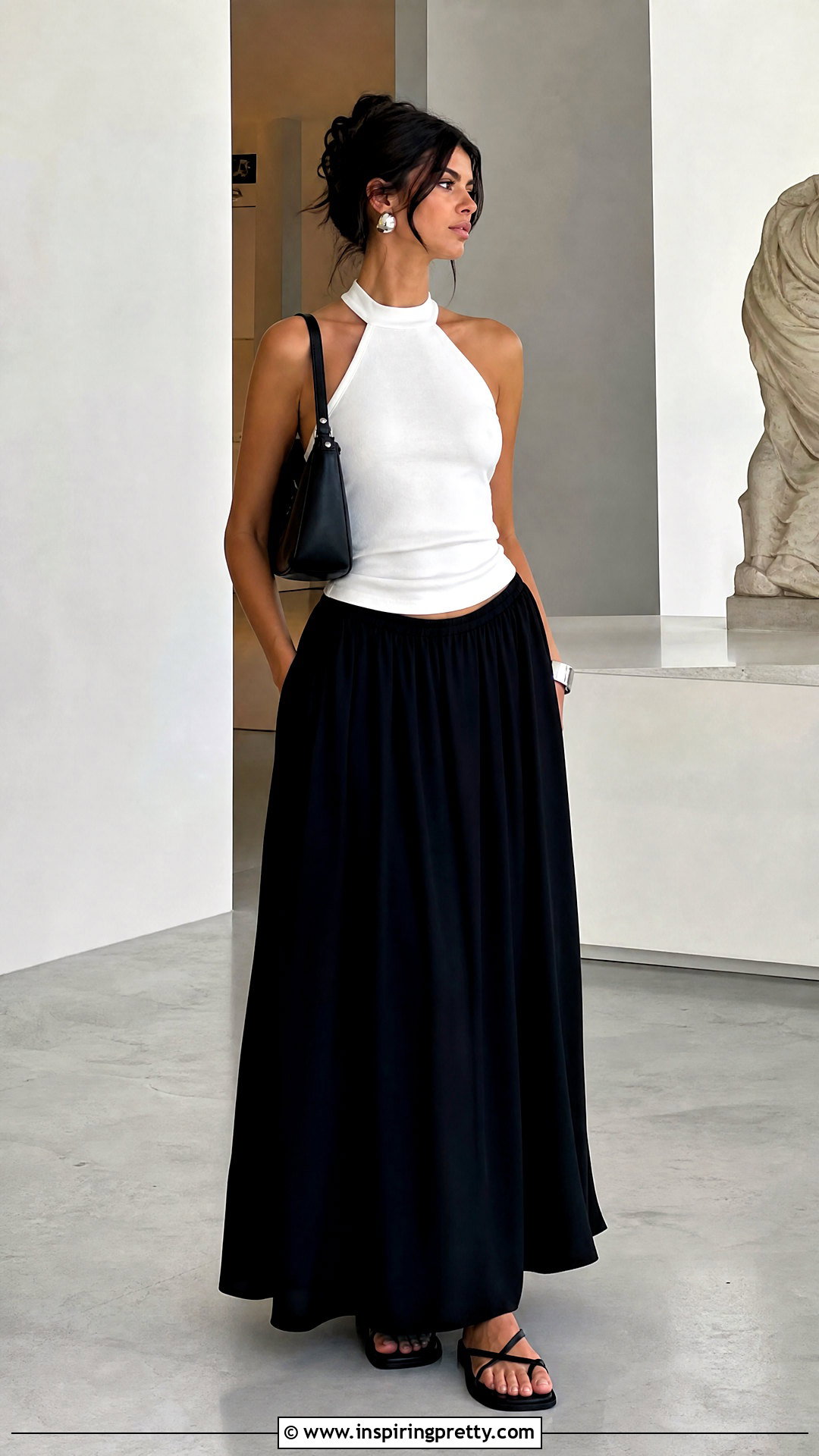 White Halter Top With Black Maxi Skirt - 50 halter tops outfit ideas