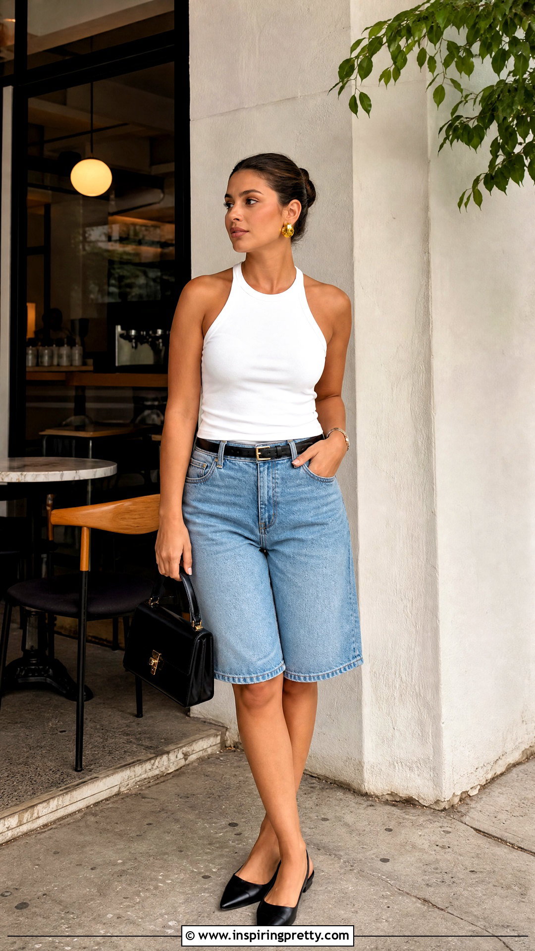 White Halter Top With Denim Bermuda Shorts - 50 white halter top outfit ideas