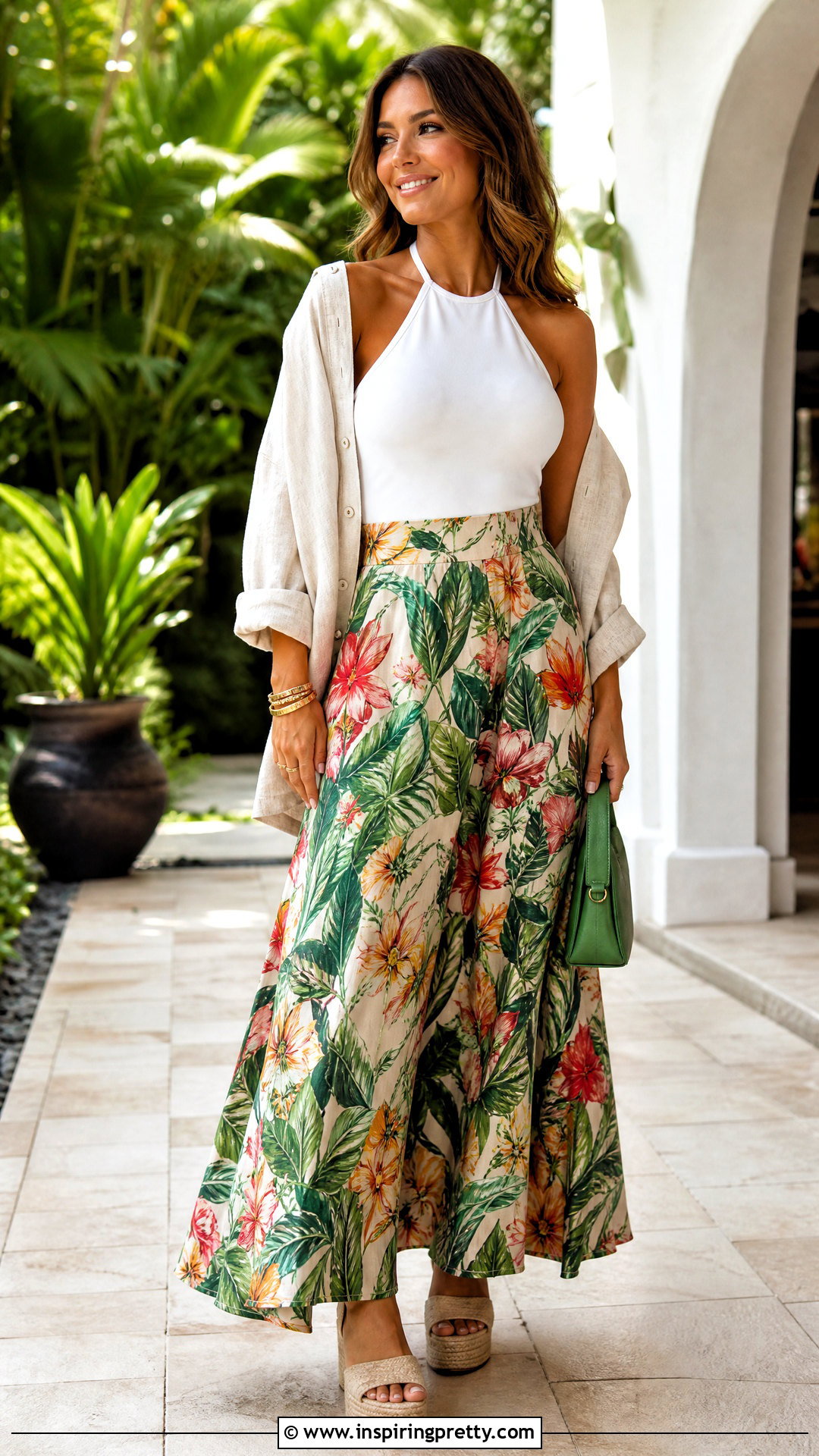 White Halter Top With Printed Maxi Skirt - 50 white halter top outfit ideas
