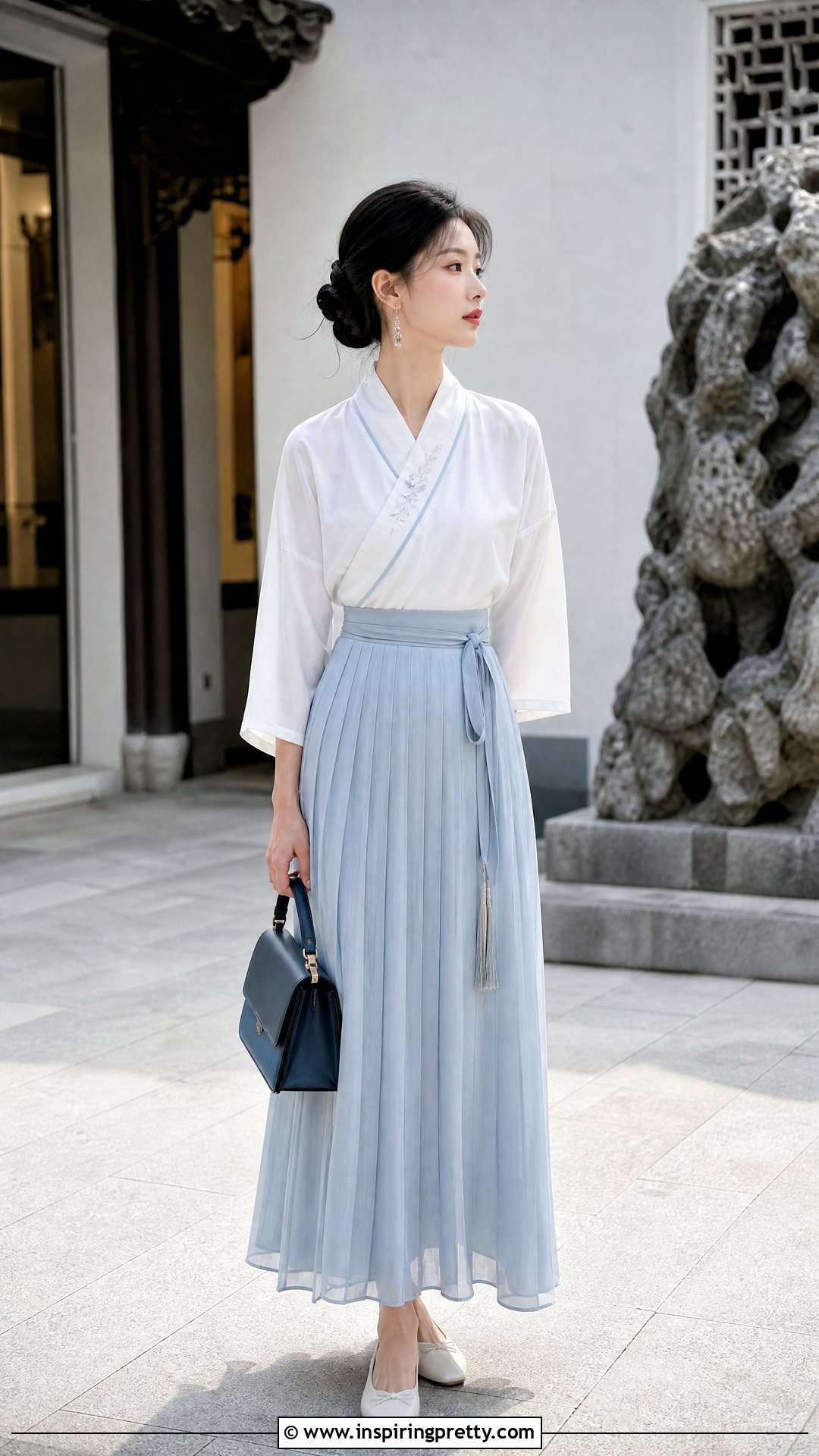 White Hanfu Wrap Top With Pleated Maxi Skirt - 50 chinese top outfit ideas