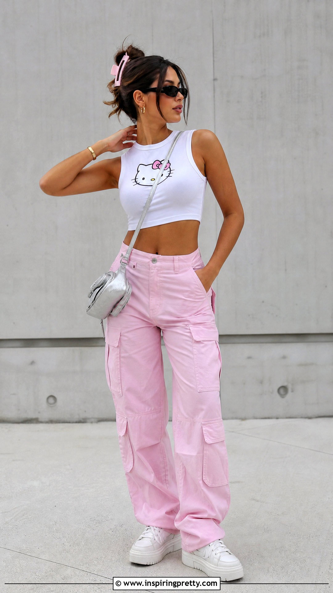 White Hello Kitty Crop Top With Pink Cargo Pants - 20 hello kitty crop top aesthetic ideas