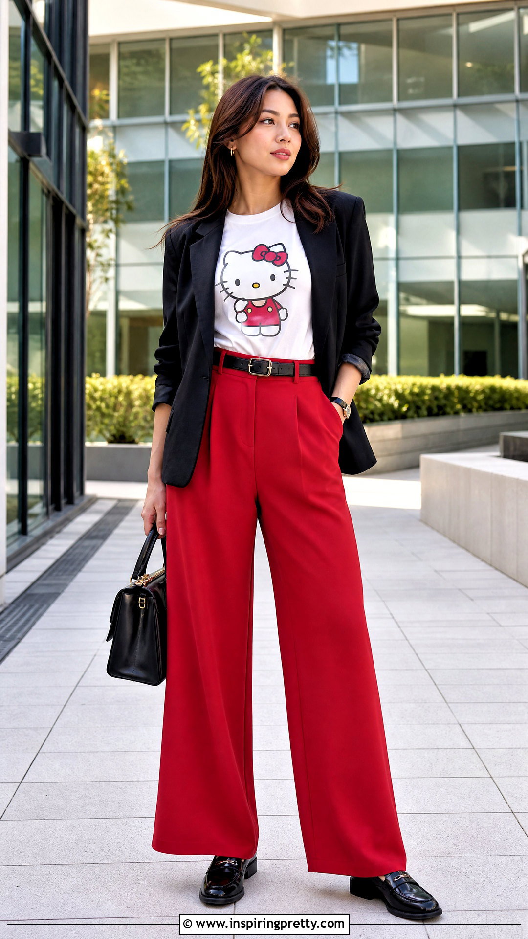 White Hello Kitty Tee With Red Trousers - 50 hello kitty top outfit ideas