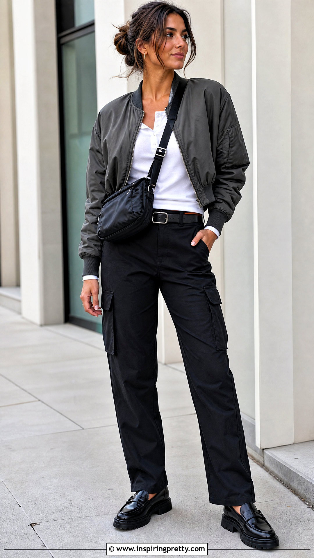White Henley Top With Black Cargo Pants - 50 white top and black pants outfit ideas