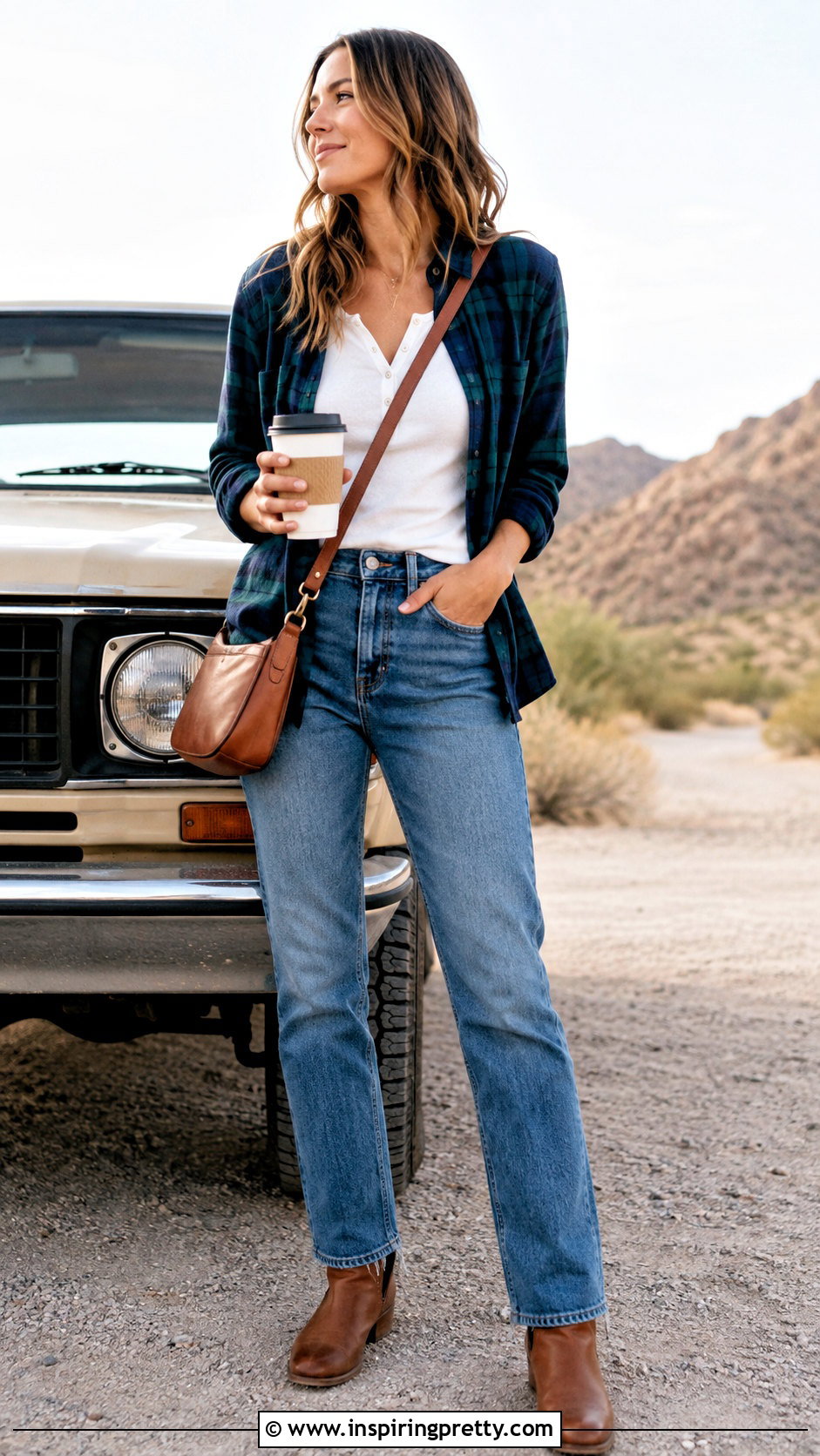 White Henley Top With Plaid Shirt And Jeans - 50 white henley top outfit ideas