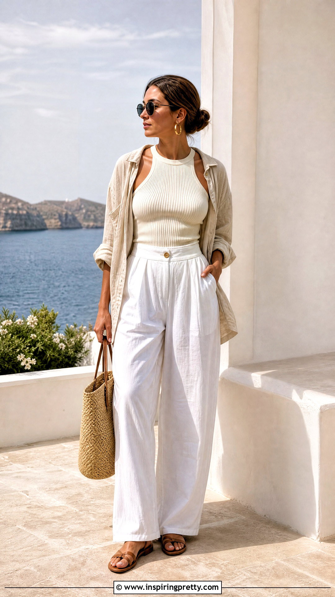 White High Neck Top With White Linen Pants - 50 high neck top outfit ideas