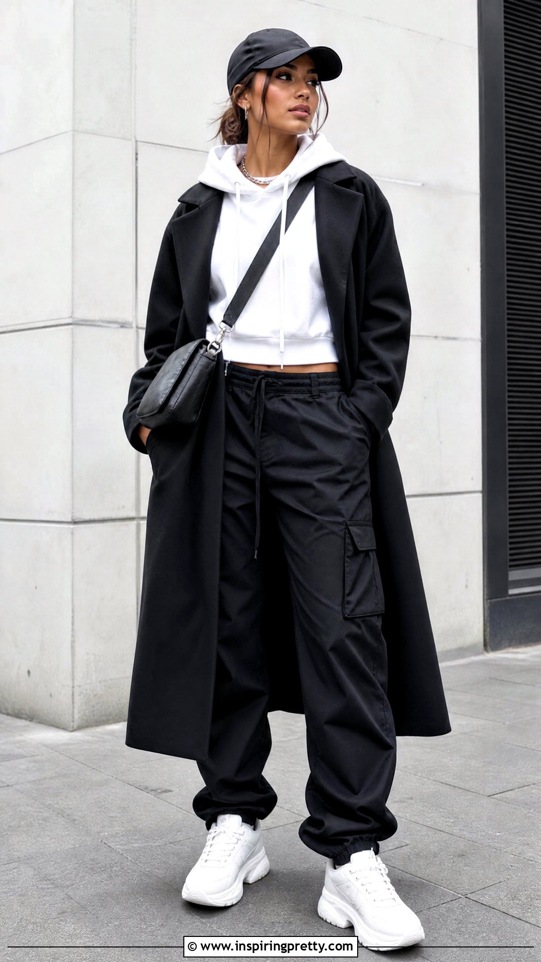 White Hoodie With Black Cargo Pants - 50 white top and black pants outfit ideas