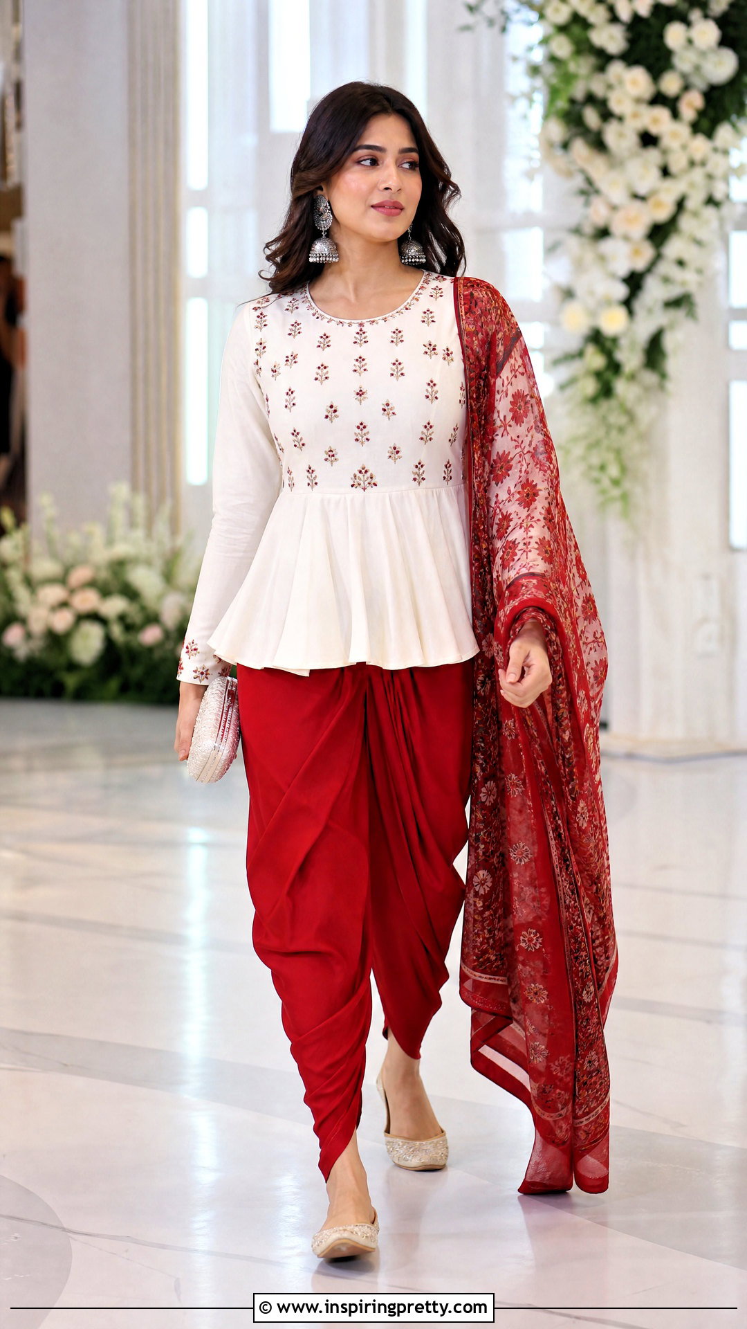 White Indian Peplum Top With Red Dhoti Pants - 50 indian peplum top outfits