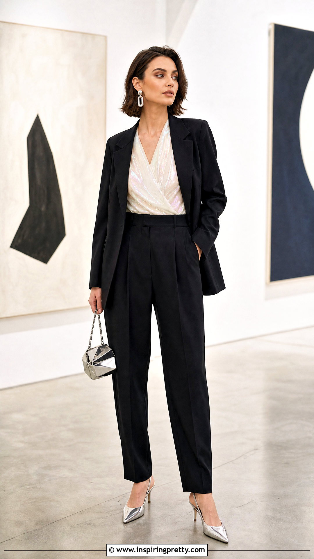White Iridescent Top With Black Suit Outfit - 20 white iridescent top outfit ideas