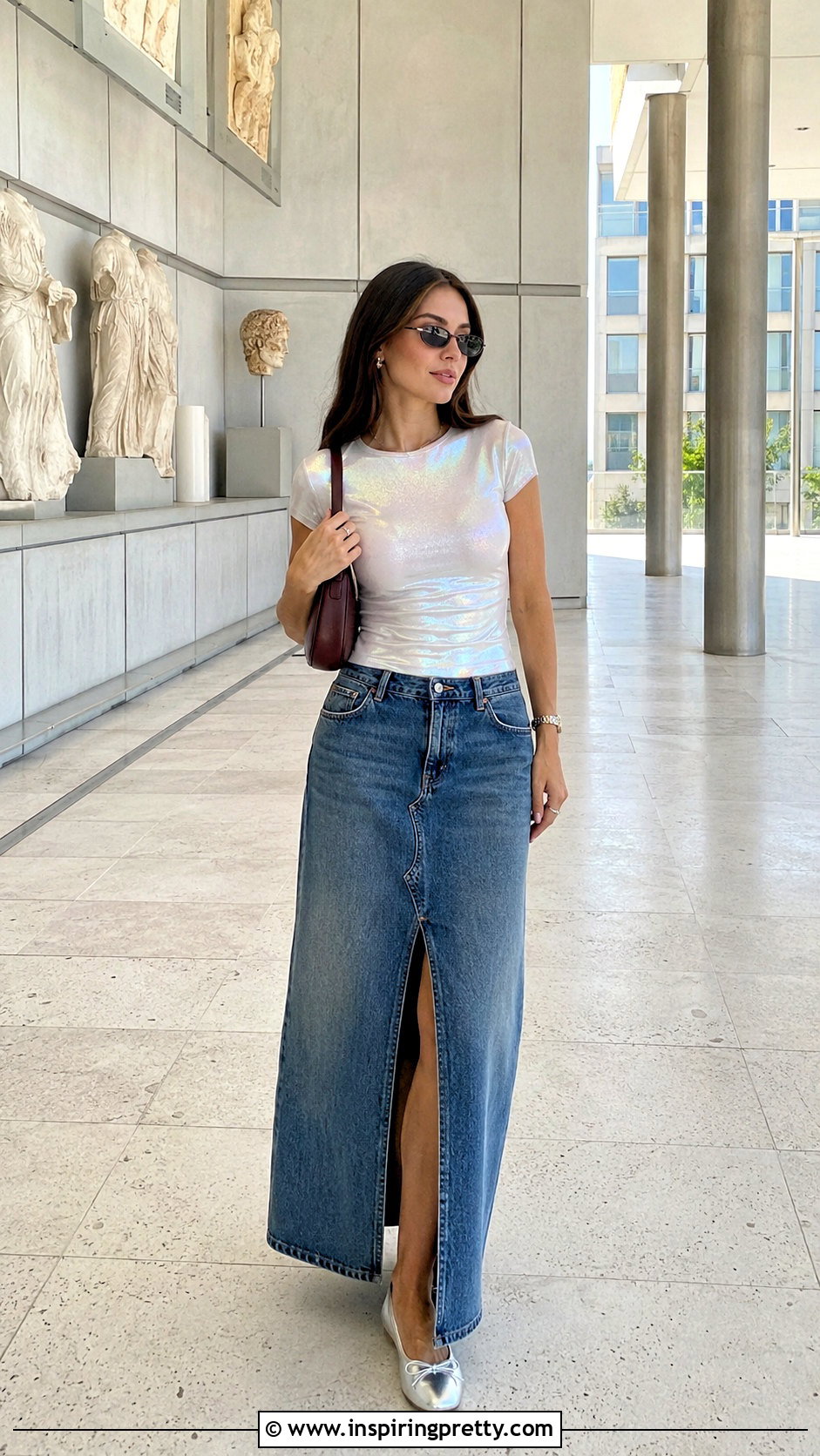 White Iridescent Top With Denim Maxi Skirt Outfit - 20 white iridescent top outfit ideas