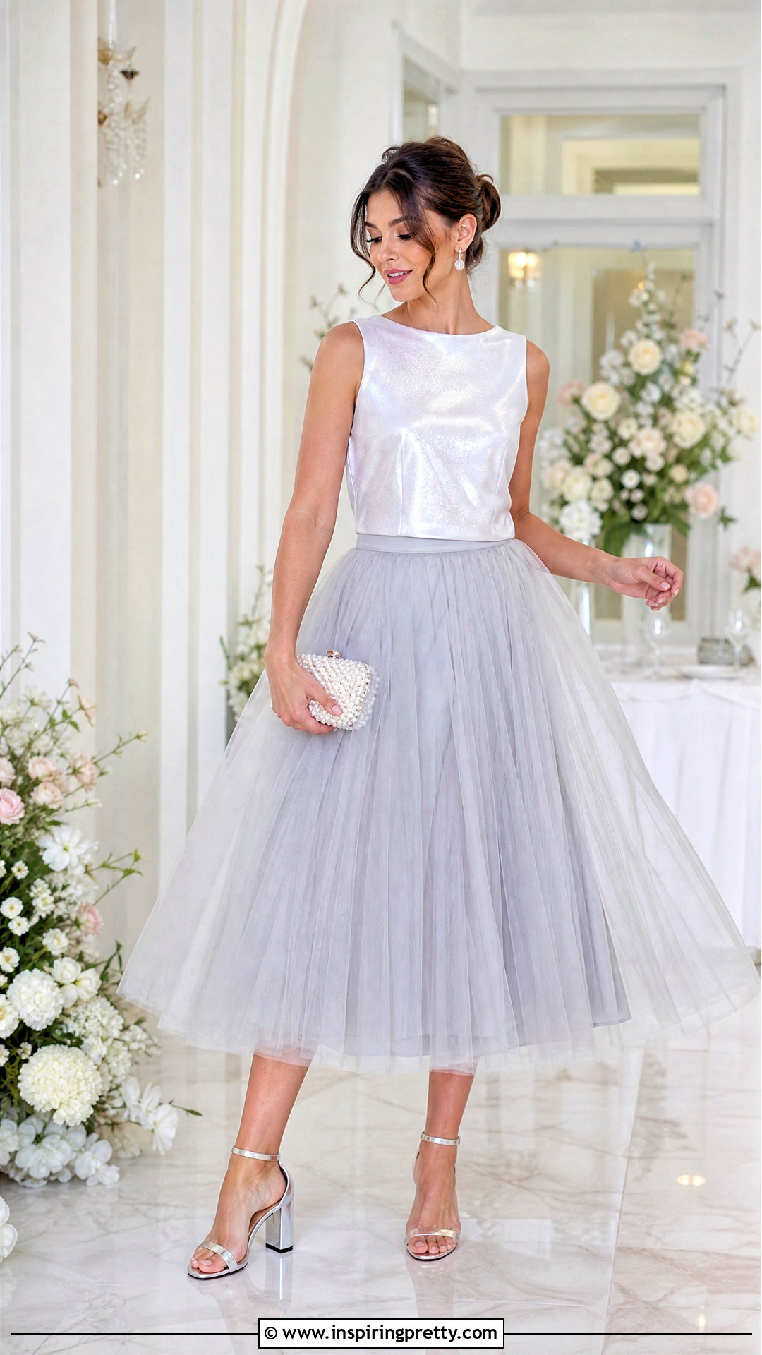 White Iridescent Top With Tulle Midi Skirt Outfit - 20 white iridescent top outfit ideas