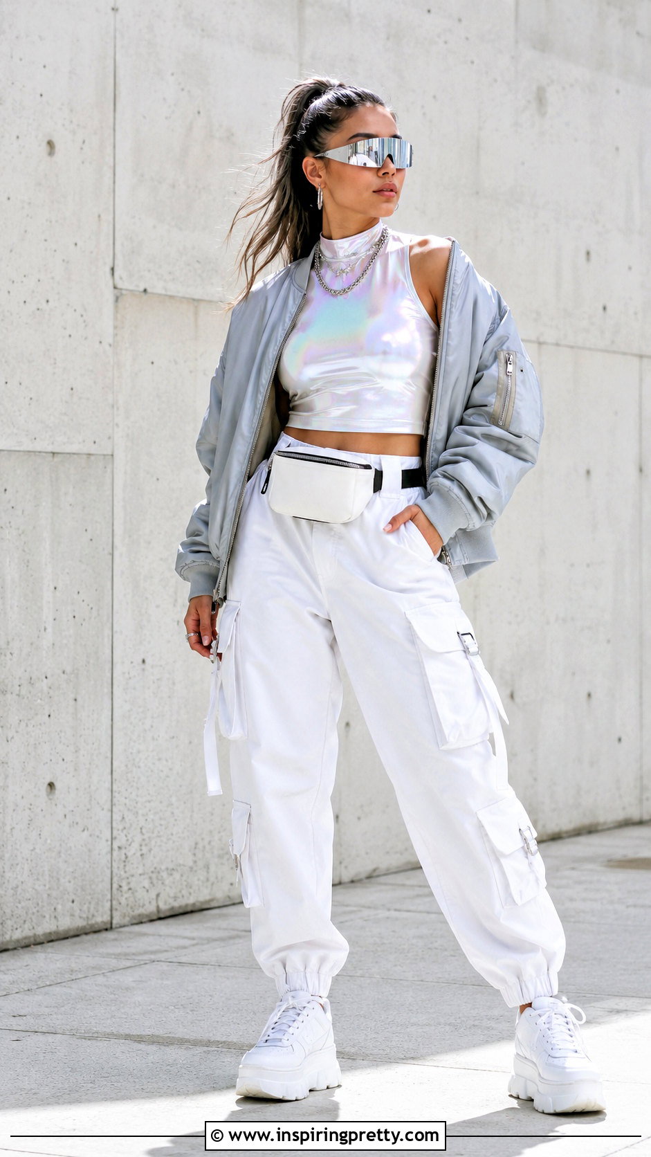 White Iridescent Top With White Cargo Pants Outfit - 20 white iridescent top outfit ideas